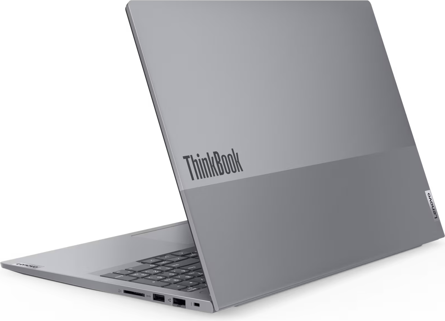 Ekranı ve klavyesi açık gri bir dizüstü bilgisayar. Kapağında ThinkBook logosu bulunur.