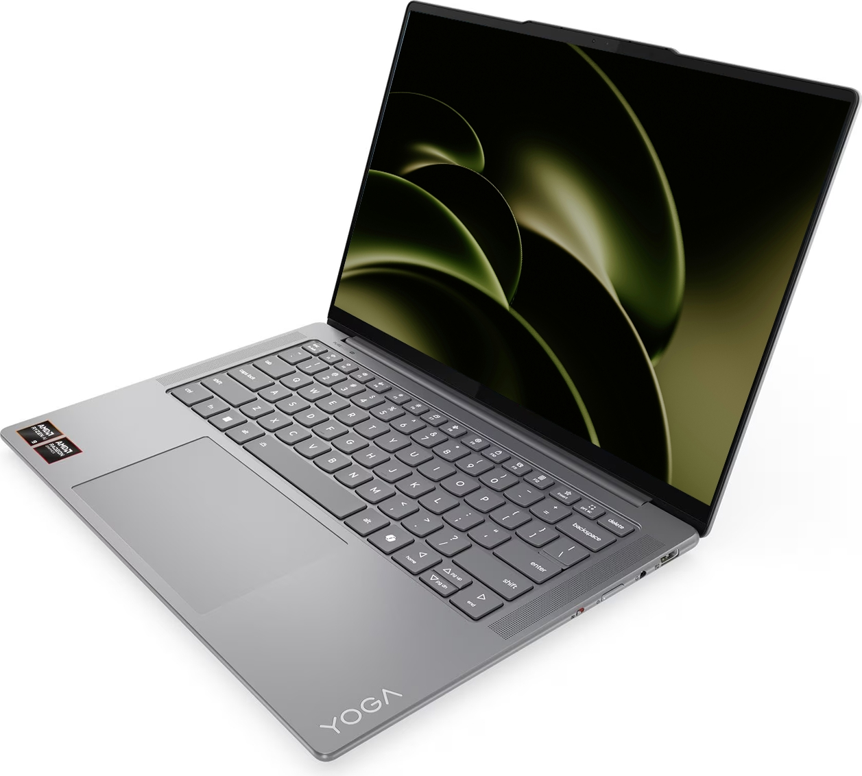 Koyu yeşil soyut duvar kağıdı gösteren açık kapaklı gri bir Lenovo Yoga dizüstü bilgisayar.