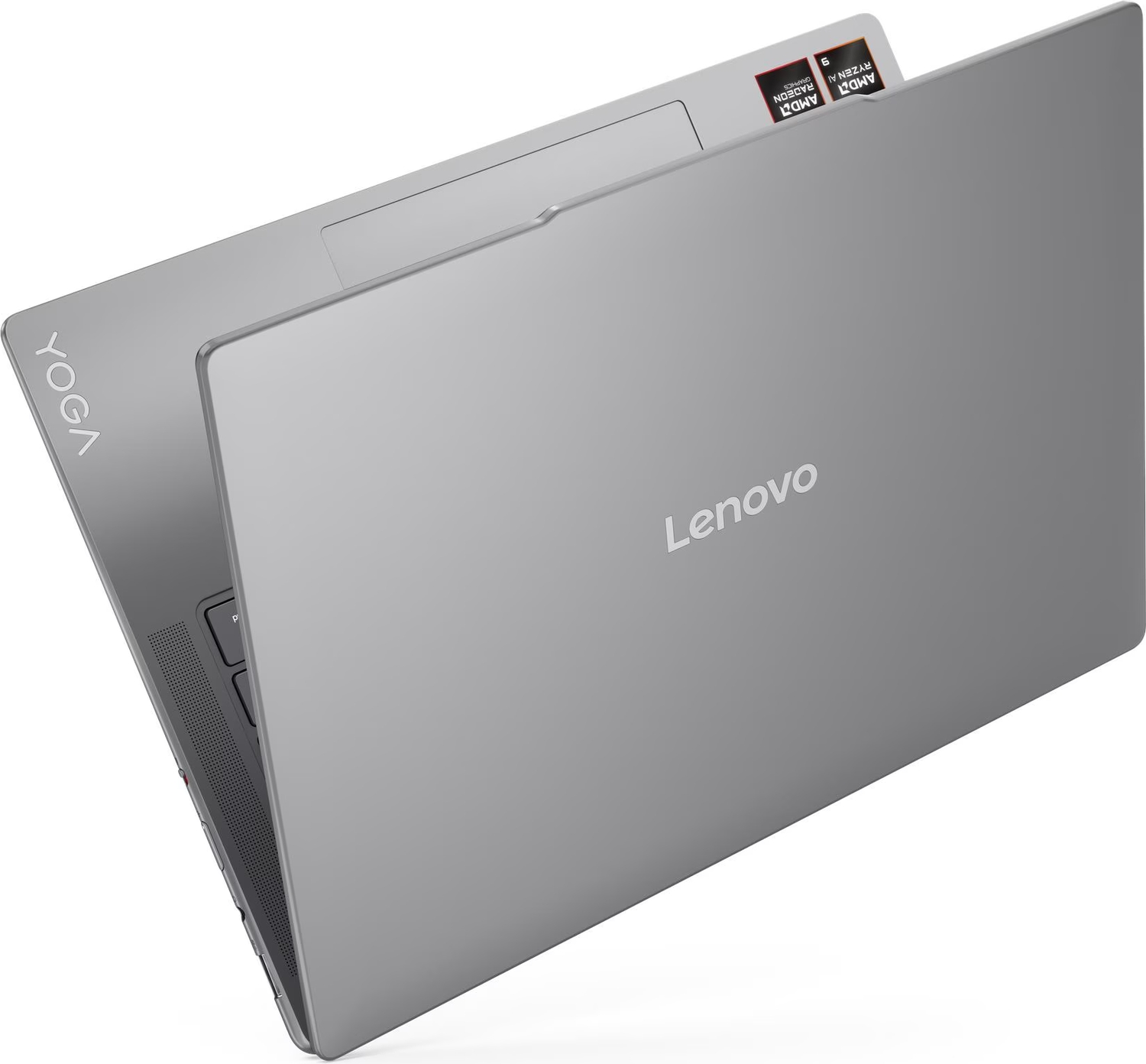 AMD Ryzen ve Radeon etiketli gümüş Lenovo Yoga dizüstü bilgisayar.