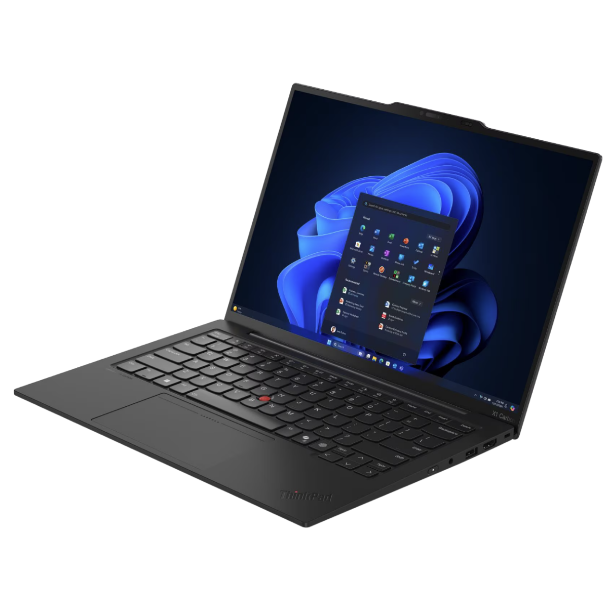 Açık siyah bir Lenovo ThinkPad dizüstü bilgisayar, ekranında Windows 11 başlat menüsü gösteriyor.