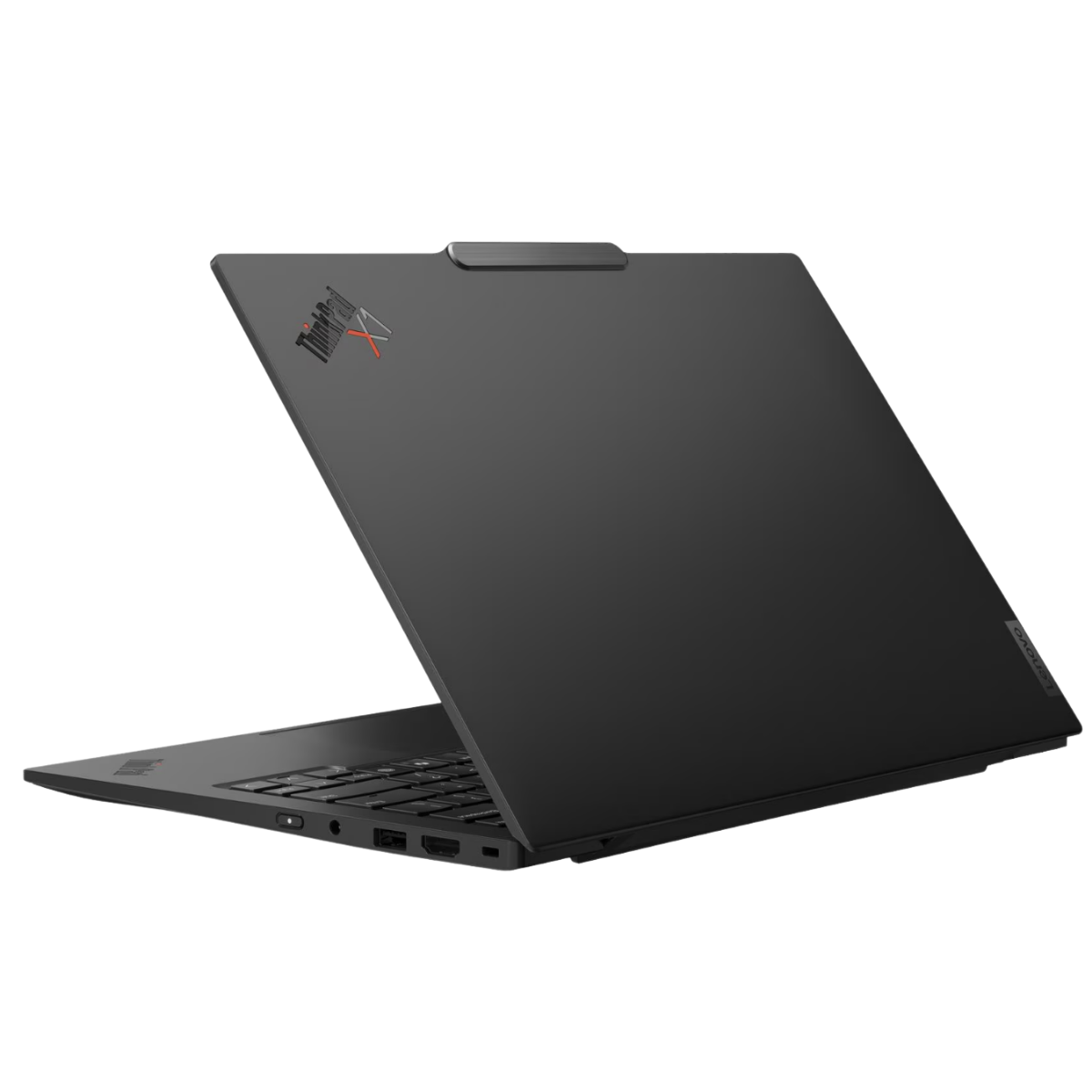 ThinkPad X1 logosuna sahip siyah dizüstü bilgisayar. Yandan açık gösteriliyor.