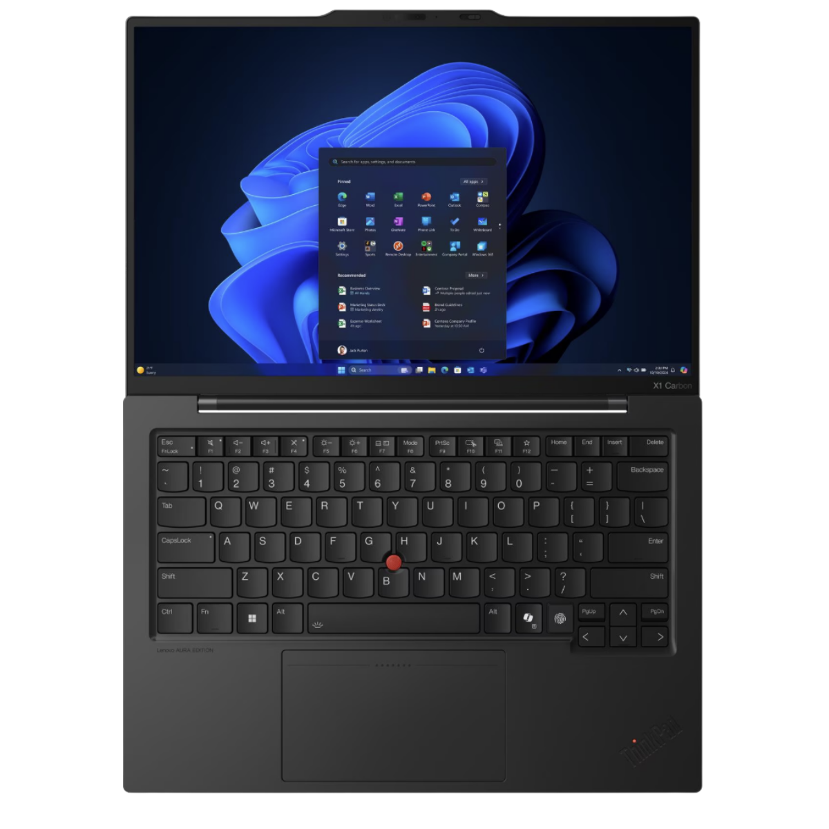 Windows 11'i gösteren açık ekranlı siyah bir Lenovo X1 Carbon dizüstü bilgisayar.