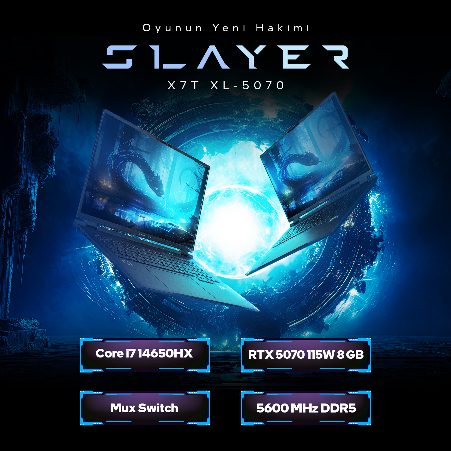 Ekranında ejderha olan iki dizüstü bilgisayar, "SLAYER X7T XL-5070".