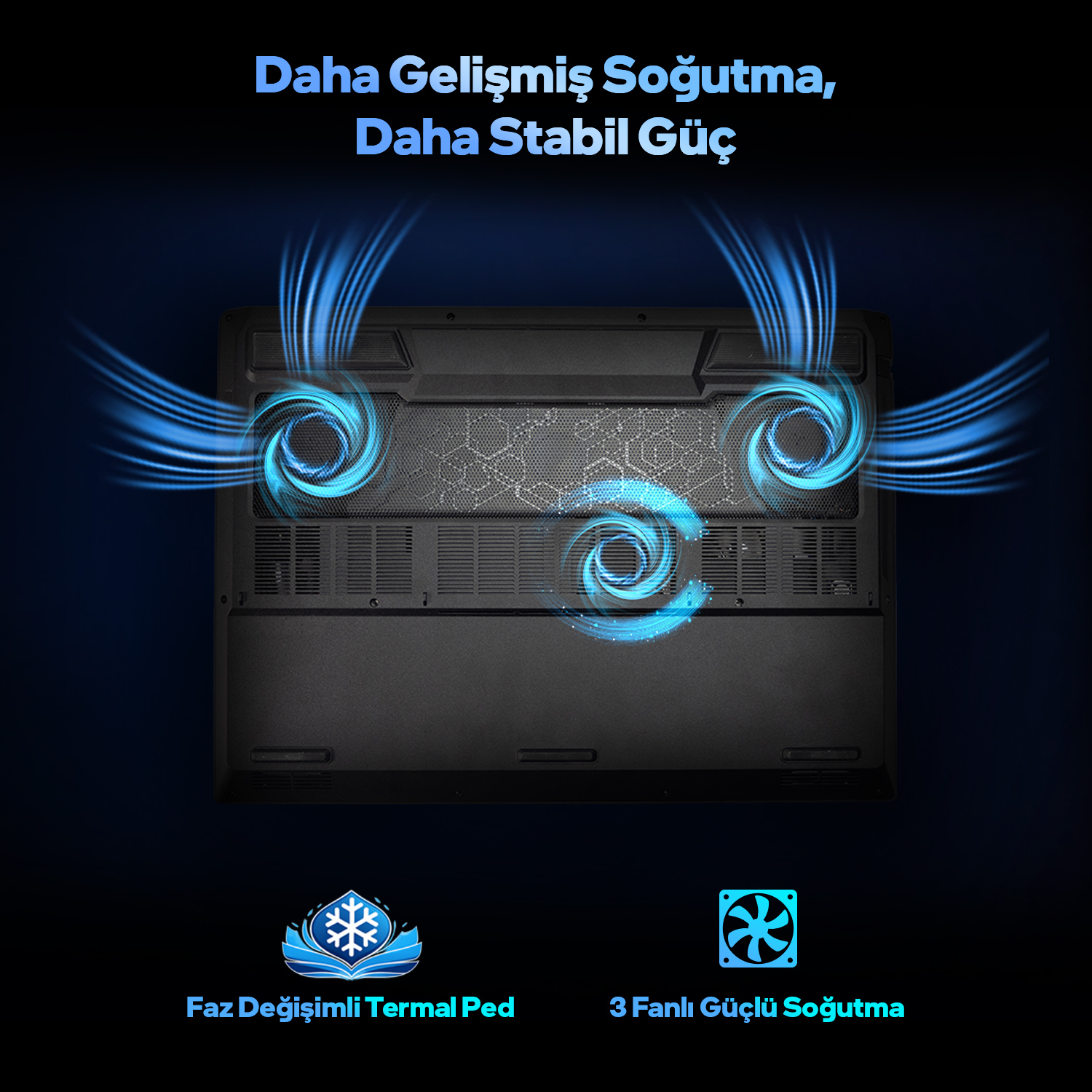 Soğutma grafikleri ve simgeleriyle laptop alt görünümü.