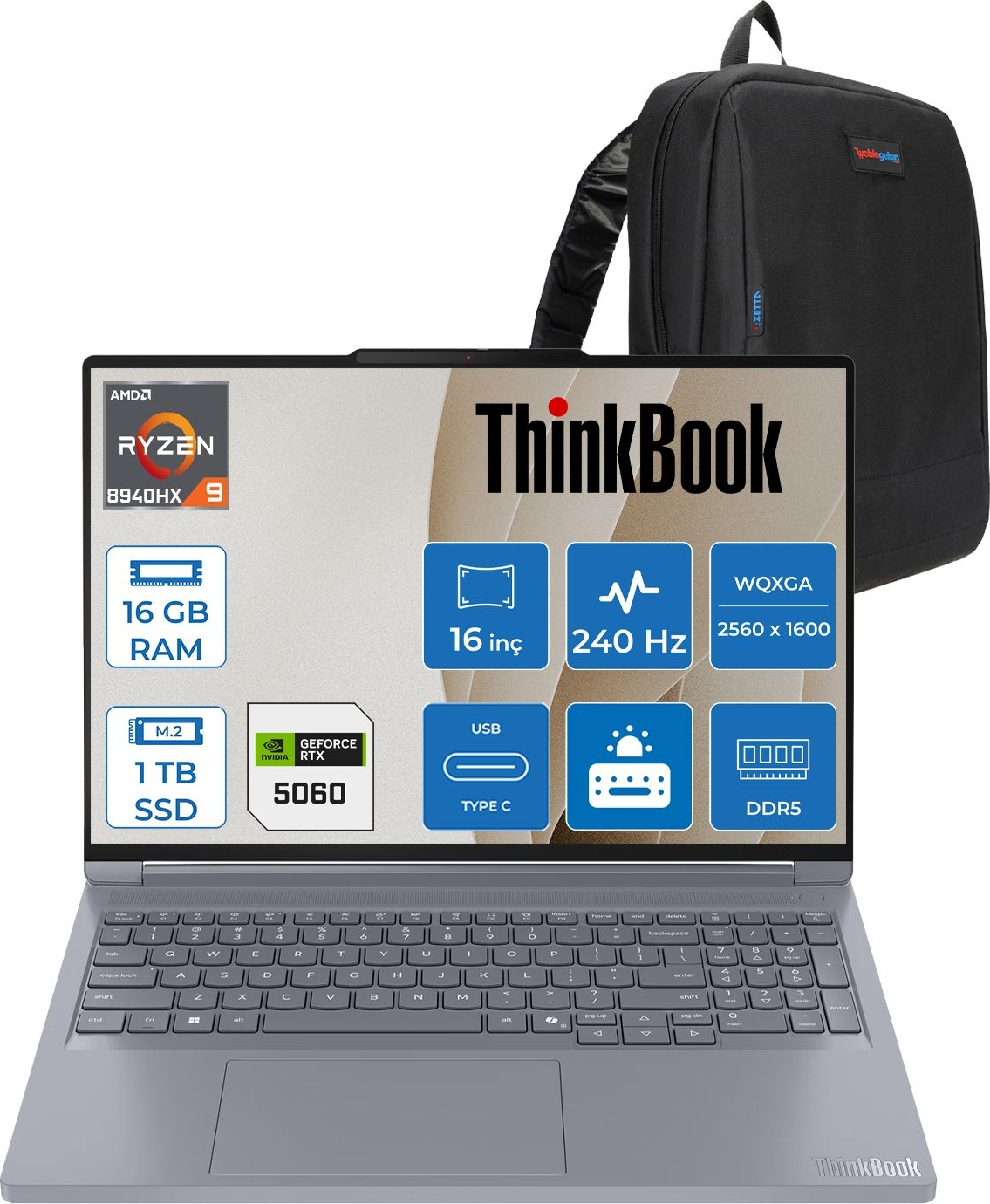 Ryzen 9, 16 GB RAM, 1 TB SSD, RTX 5060 ve siyah sırt çantalı gri dizüstü bilgisayar.