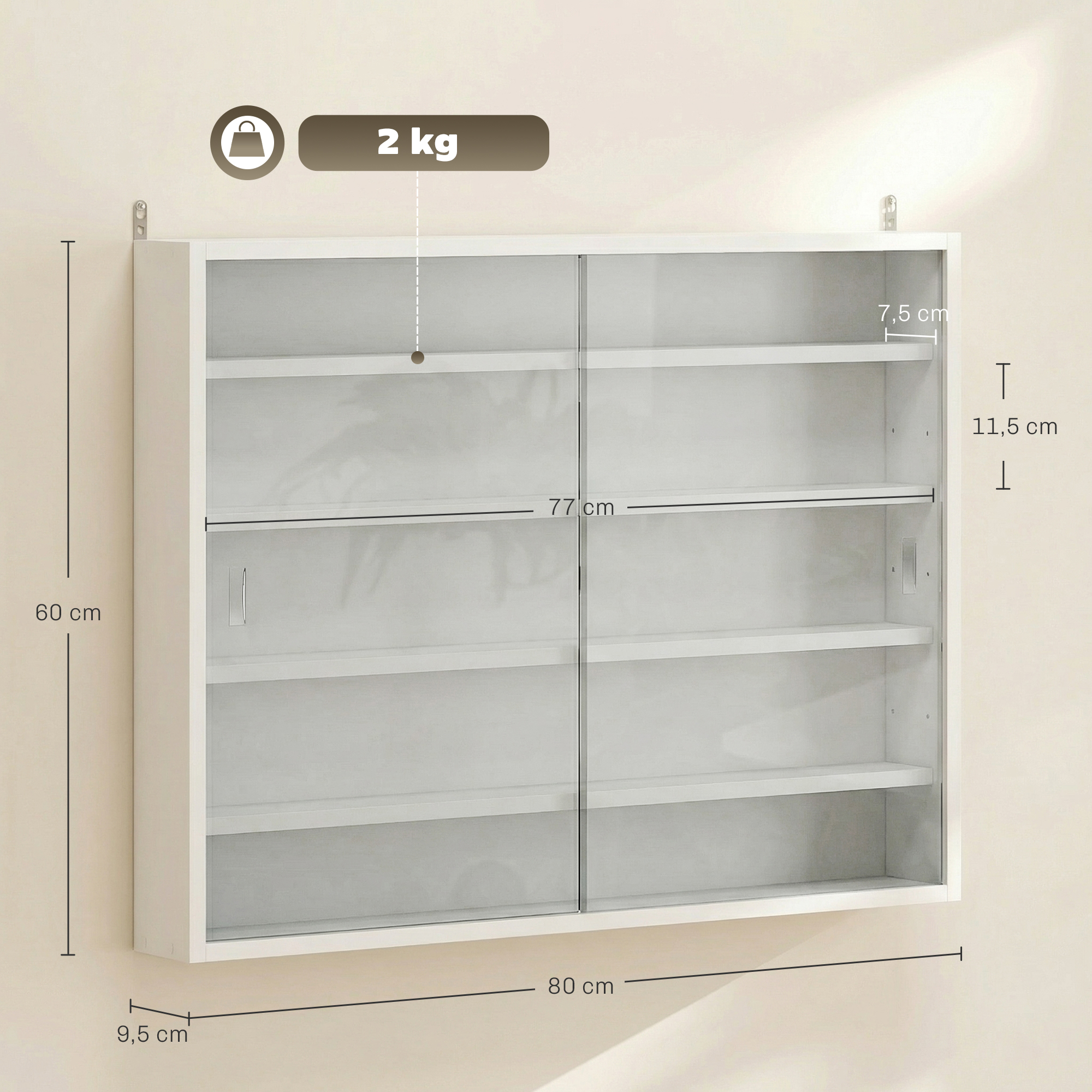 Unidad blanca de pared con 4 estantes y puertas de cristal, 80x60x9,5cm.