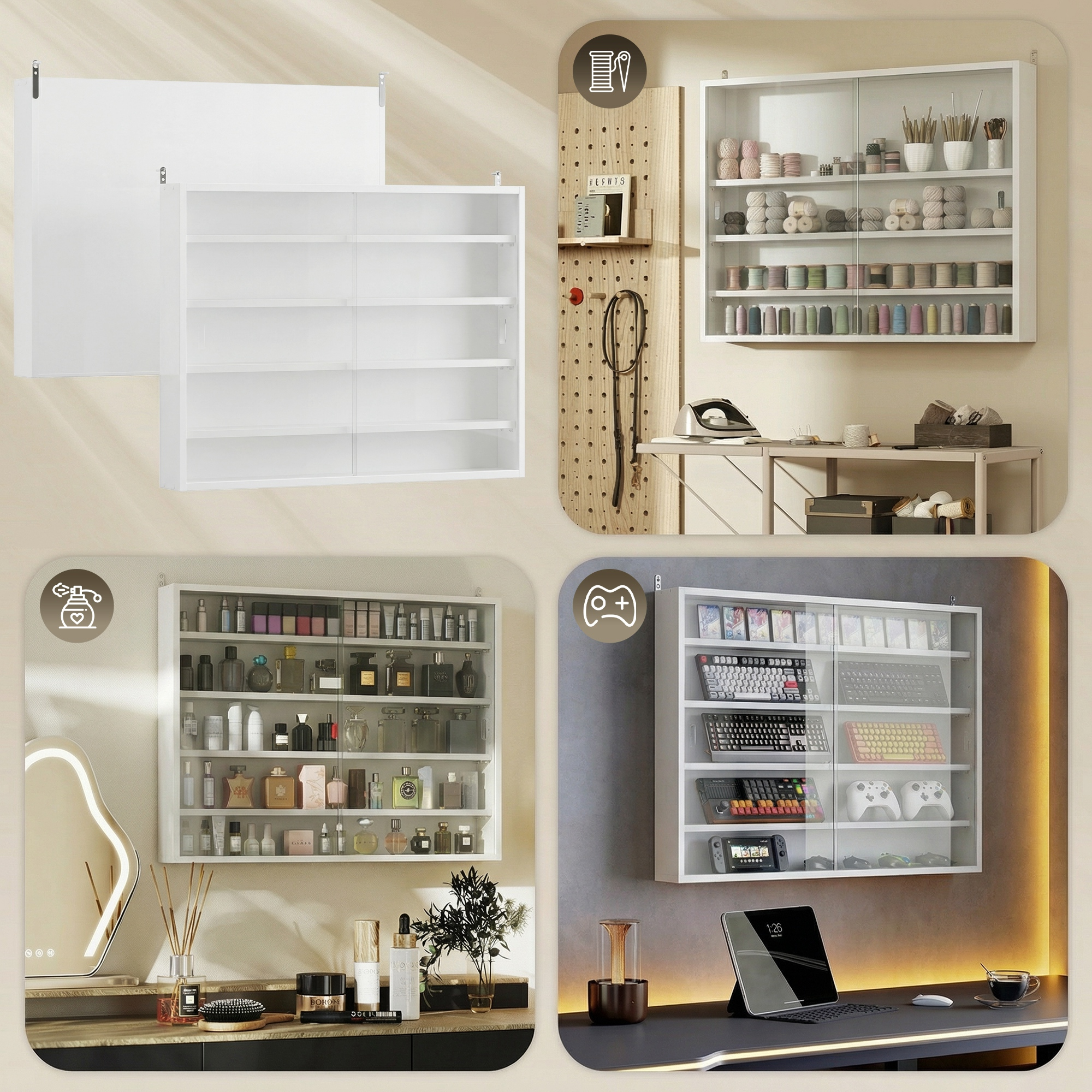 Cuatro estantes de pared: uno vacío, uno con hilo de coser, uno con perfume, uno con tecnología.