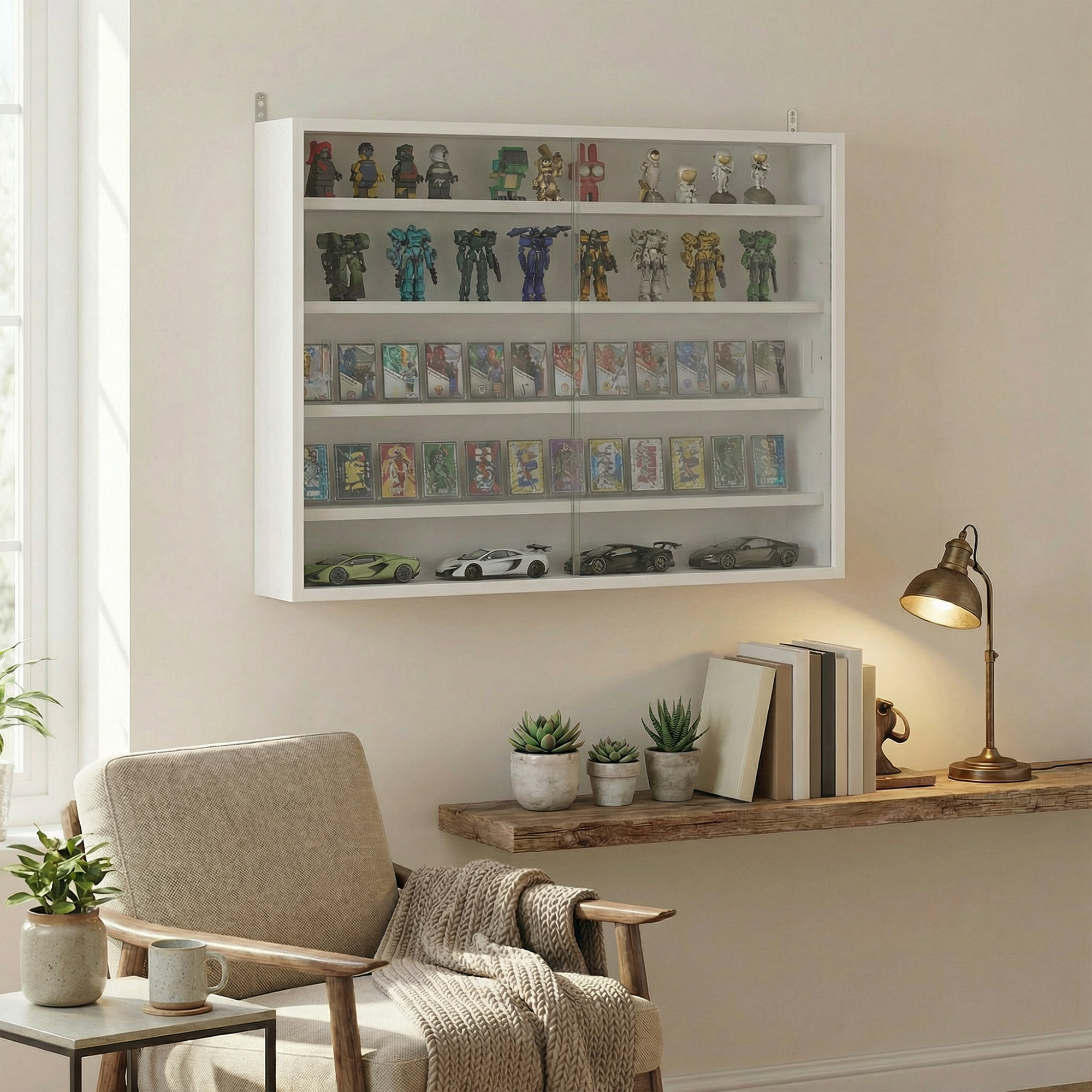 Estante con figuras, cartas y coches, junto a sillón y mesa.