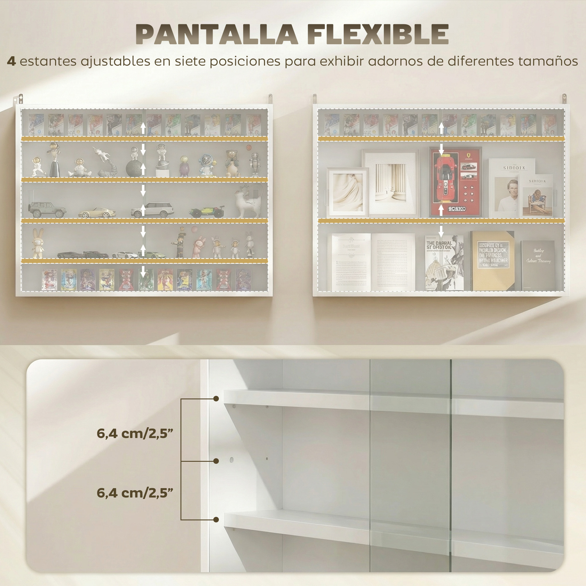 Dos estantes blancos de exhibición con varios coleccionables y libros.