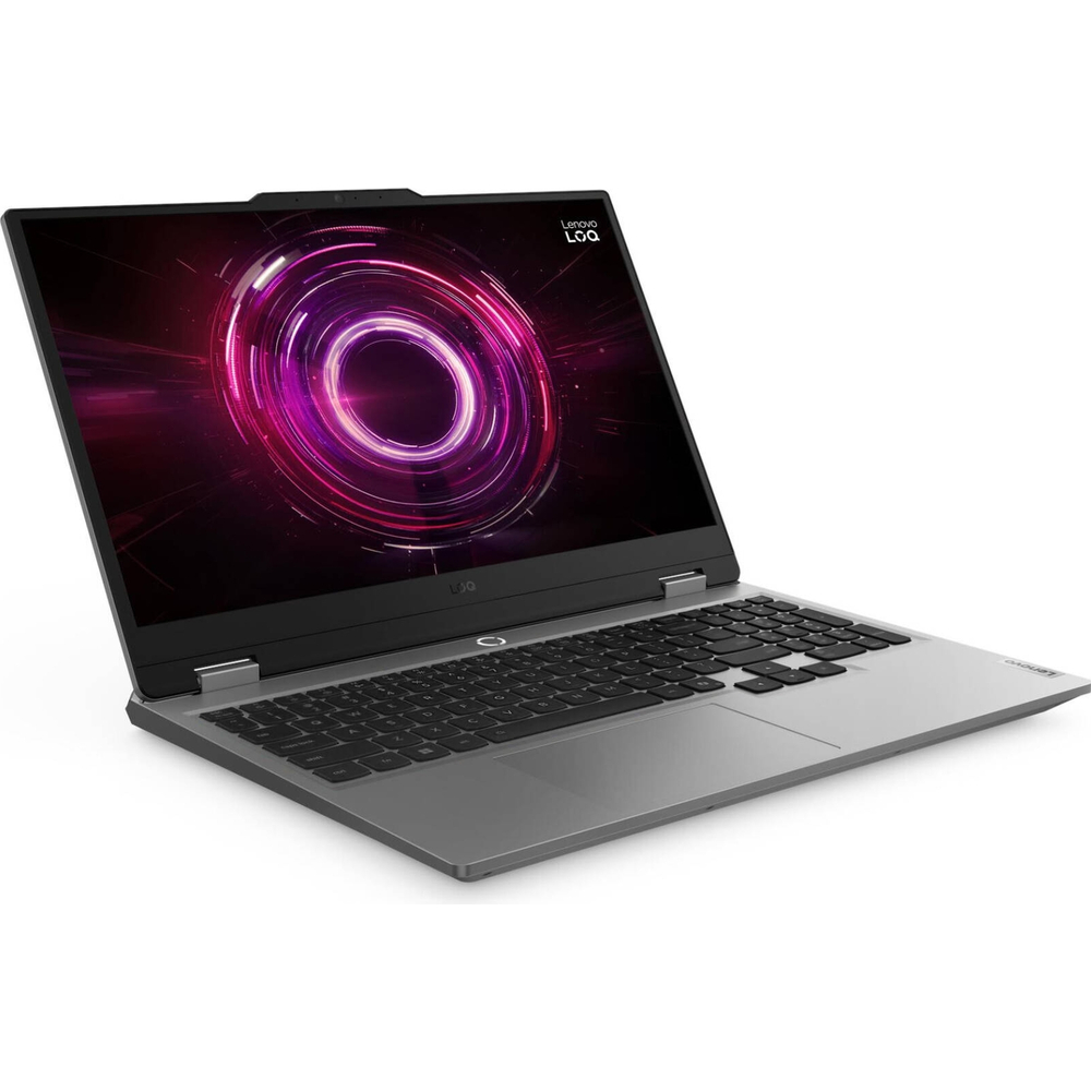 Ekranında mor dairesel desen bulunan açık gri Lenovo dizüstü bilgisayar.