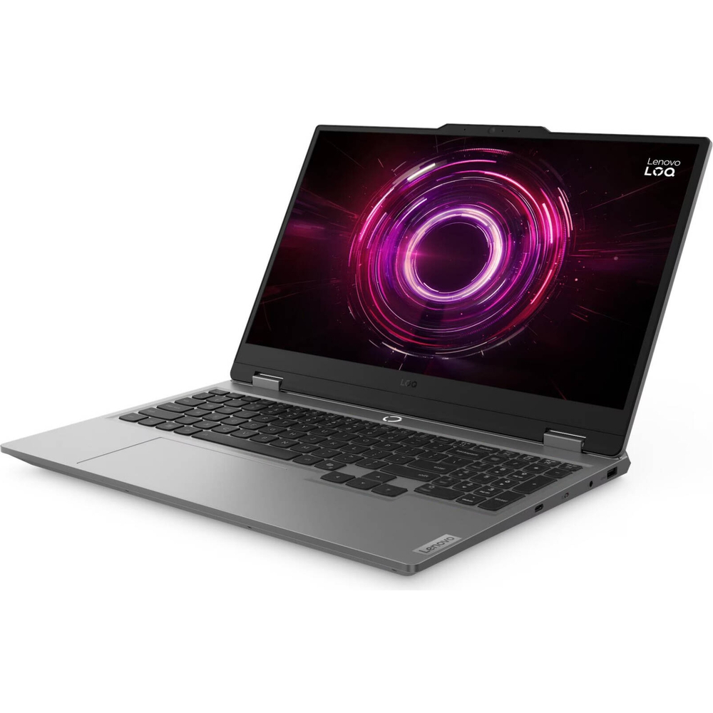 Ekranında canlı mor ve pembe dairesel grafik bulunan gümüş renkli Lenovo dizüstü bilgisayar.
