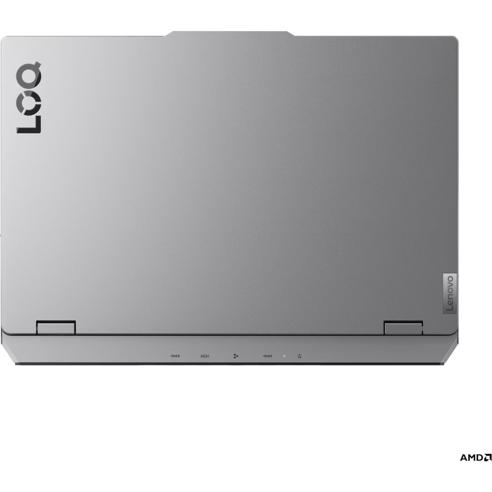 Arkada bağlantı noktalarına sahip kapalı, gümüş renkli Lenovo LOQ dizüstü bilgisayar. AMD logosu görünür.