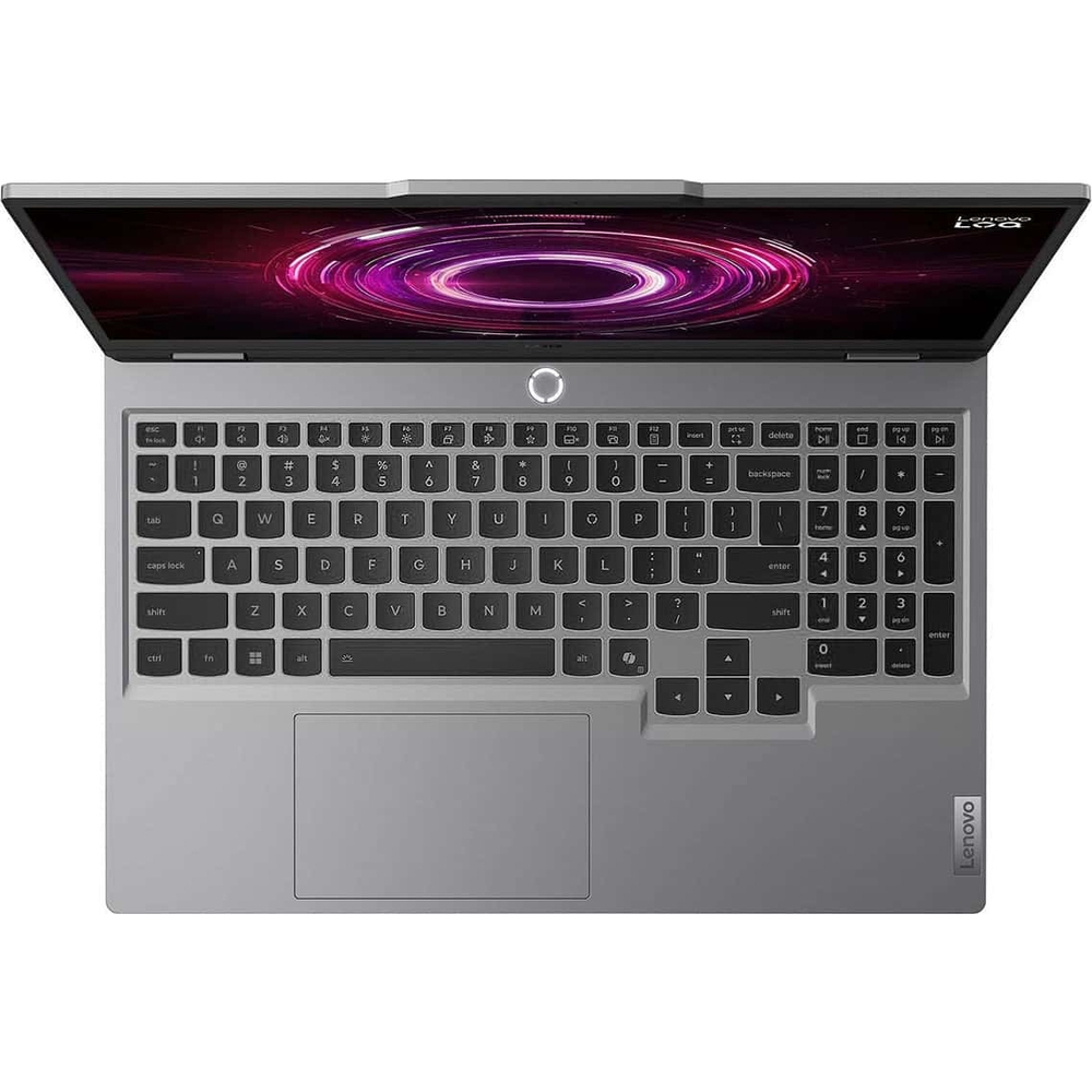 Ekranında canlı, dairesel grafik bulunan açık gümüş renkli Lenovo dizüstü bilgisayarın üstten görünümü.