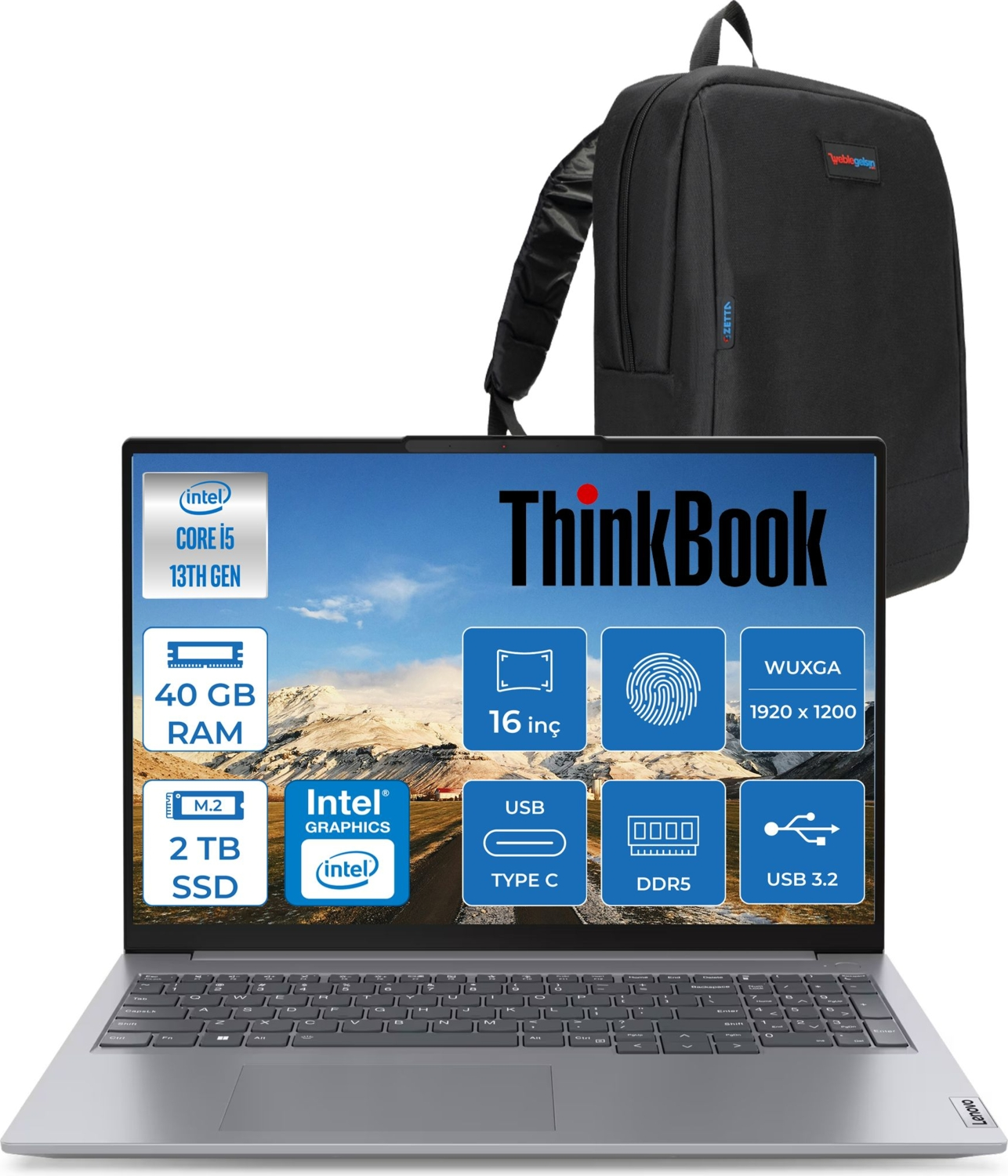 LENOVO ThinkBook 16 G6 IRL DDR5 WUXGA 300nits IPS 21KH00SXTRF15 Intel Core i5-13420H 40 GB RAM 2 TB SSD 16 inç FreeDOS Laptop+Çanta Gri