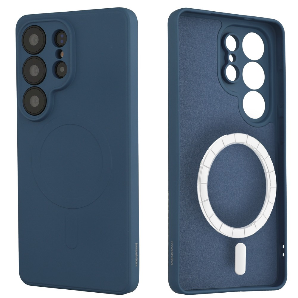 Donkerblauwe telefoonhoes, van voor en achter getoond, met camera-uitsparingen en magneetring.