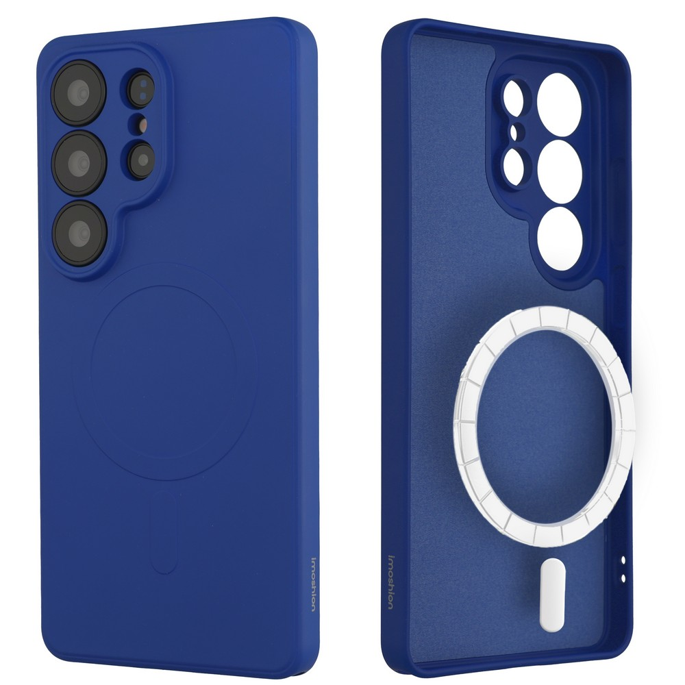 Blauw telefoonhoesje, voor- en achterkant. Voorkant toont camera-uitsparingen. Achterkant toont magneetring.