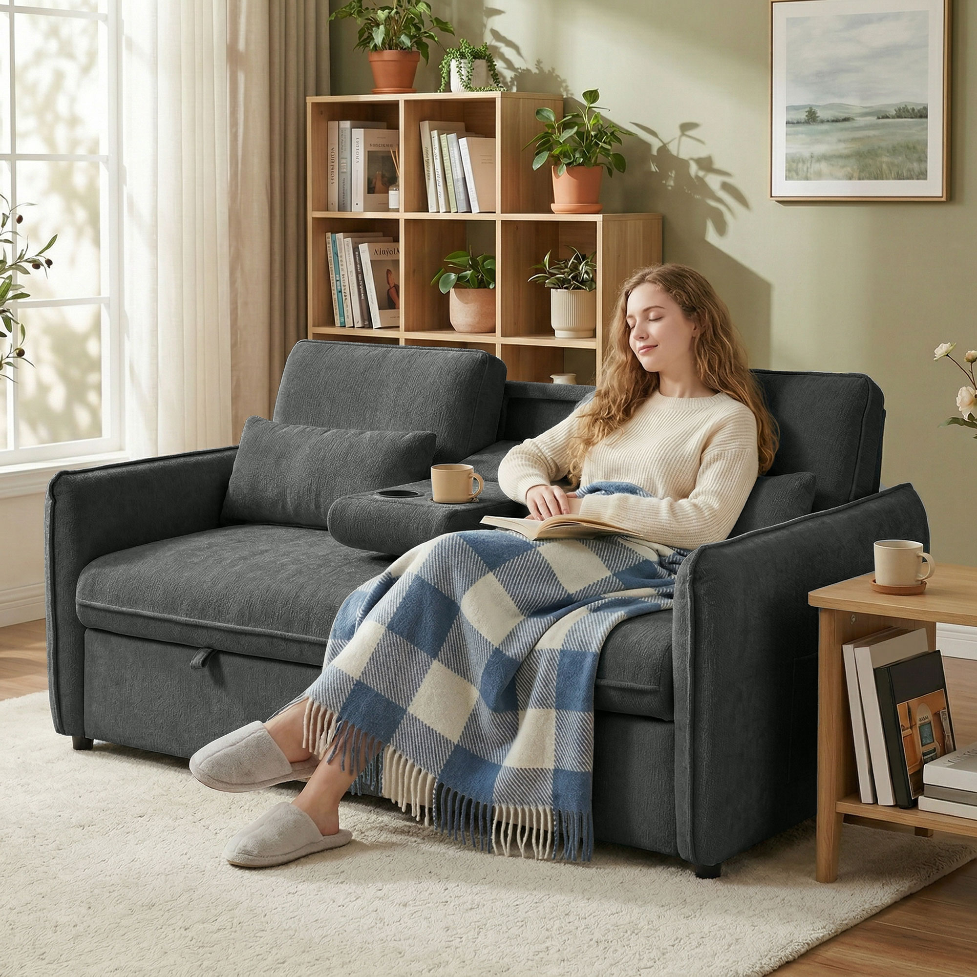 Donna legge su un divano con coperta a scacchi blu e tazza.