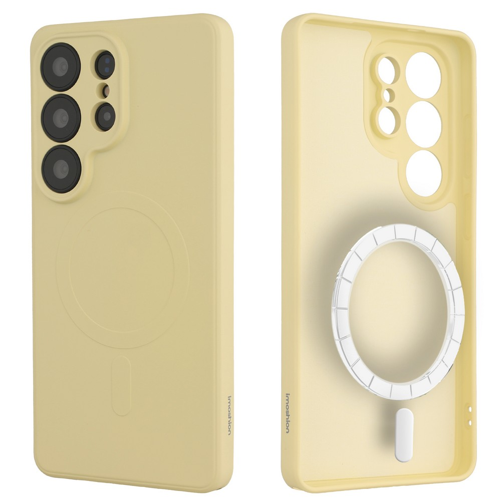 Gele telefoonhoes met camera-uitsparing en magneetring. Links achterkant, rechts binnenkant.