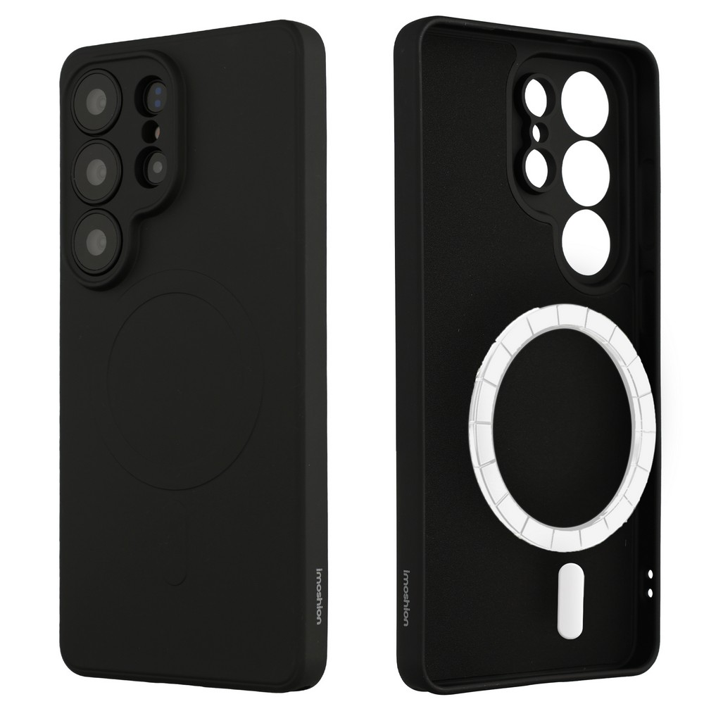 Zwart telefoonhoesje, voor- en achterkant getoond. Achterkant toont camera-uitsparing en magneetring.