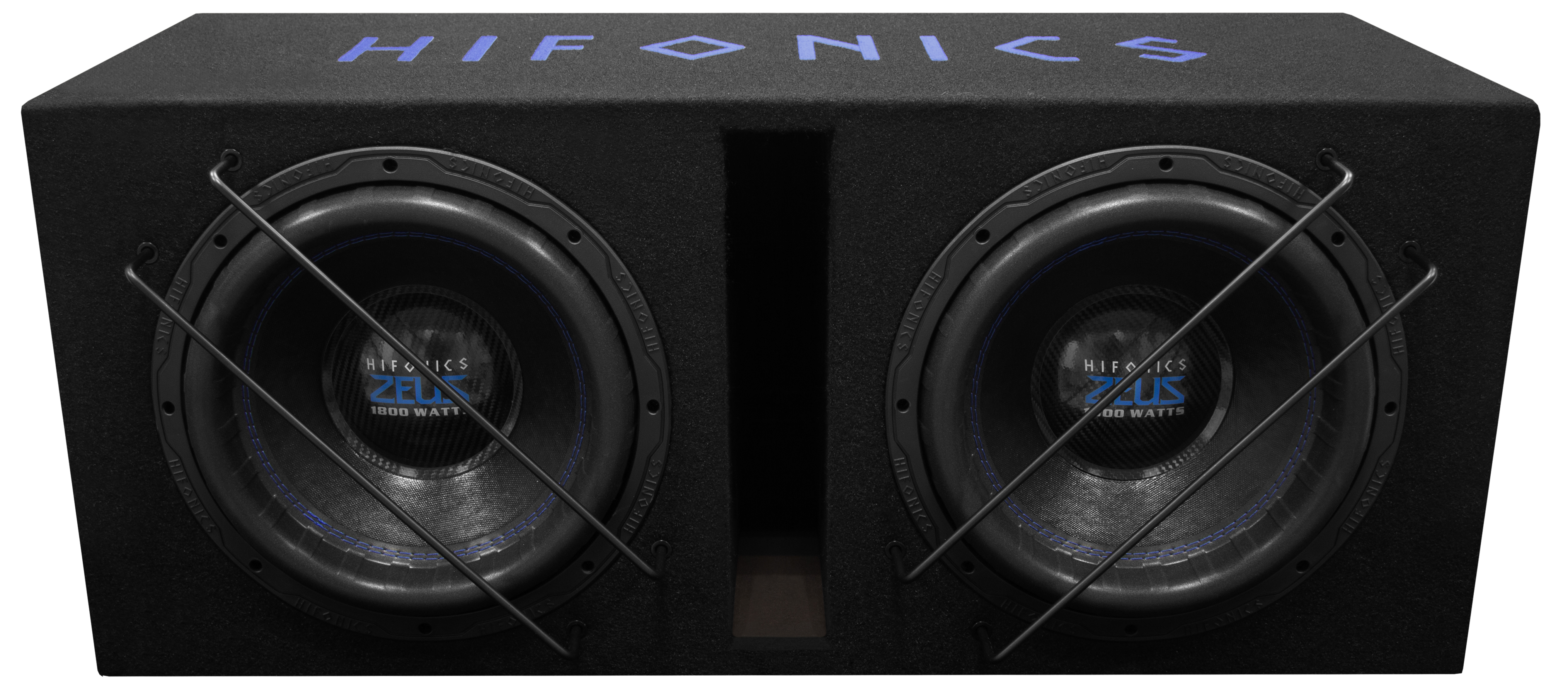 Ein schwarzer Subwoofer mit zwei Treibern und blauen Akzenten.
