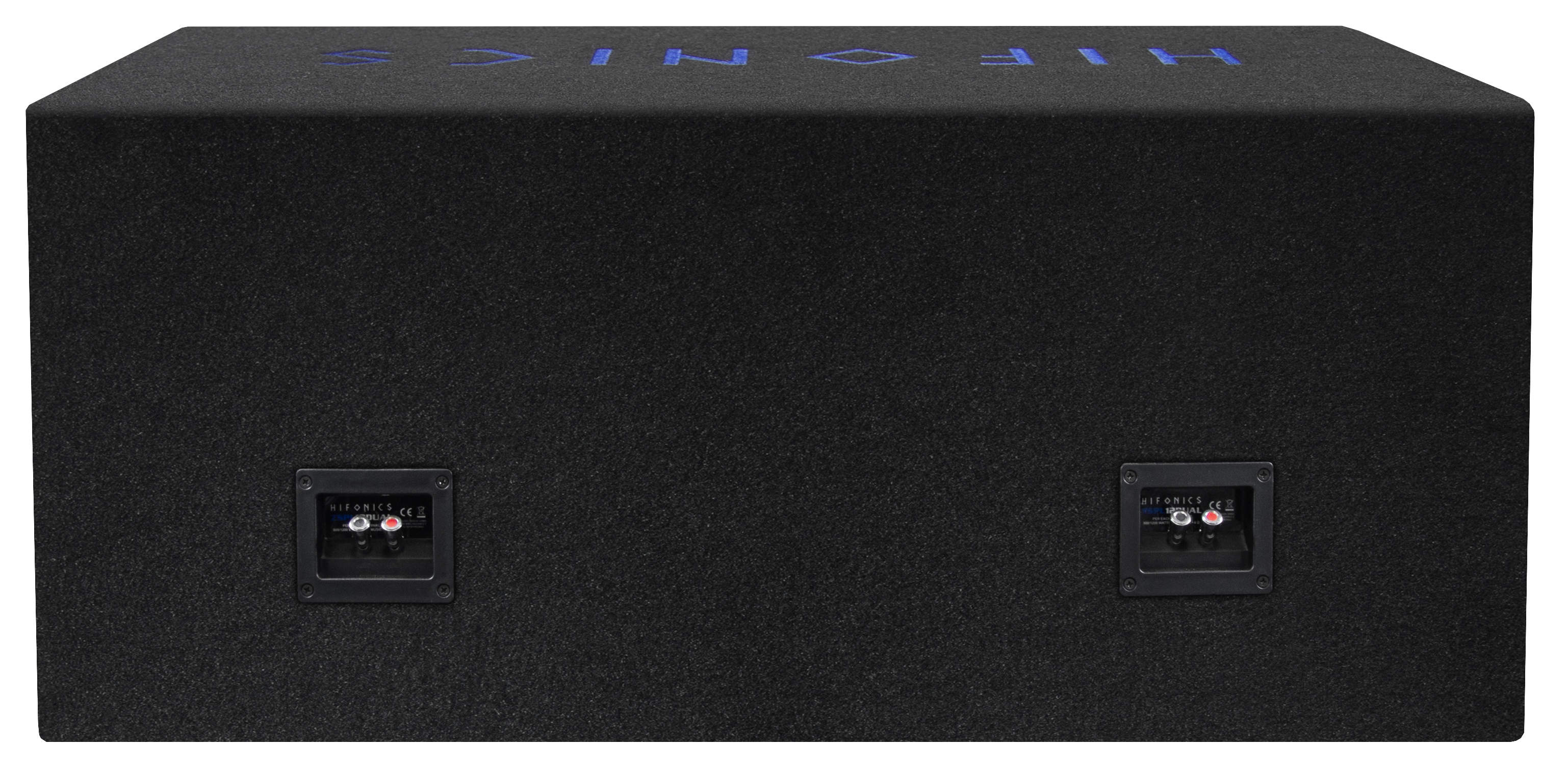 Schwarzer Subwoofer mit blauem HIFONICS-Schriftzug oben und zwei Anschlüssen.