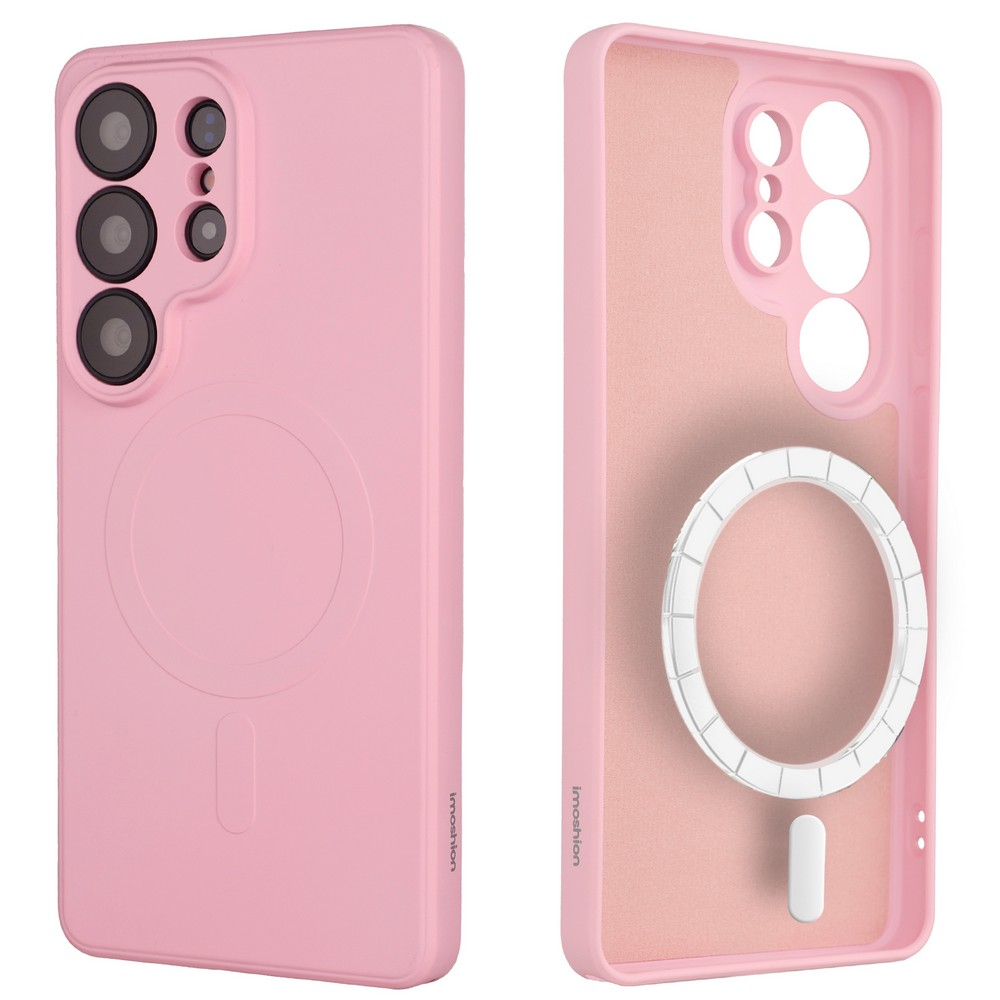 Een roze telefoonhoes met camerablok en magneetring, voor- en binnenaanzicht.