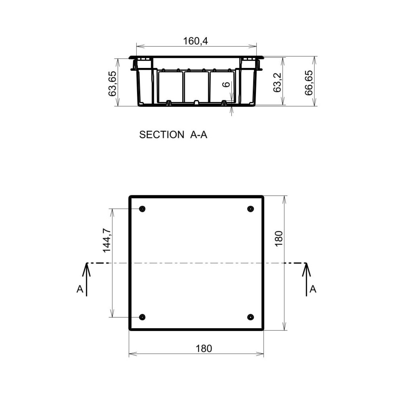 Technische Zeichnung einer rechteckigen Box mit Maßen und Schnittansicht. Draufsicht zeigt ein Quadrat.