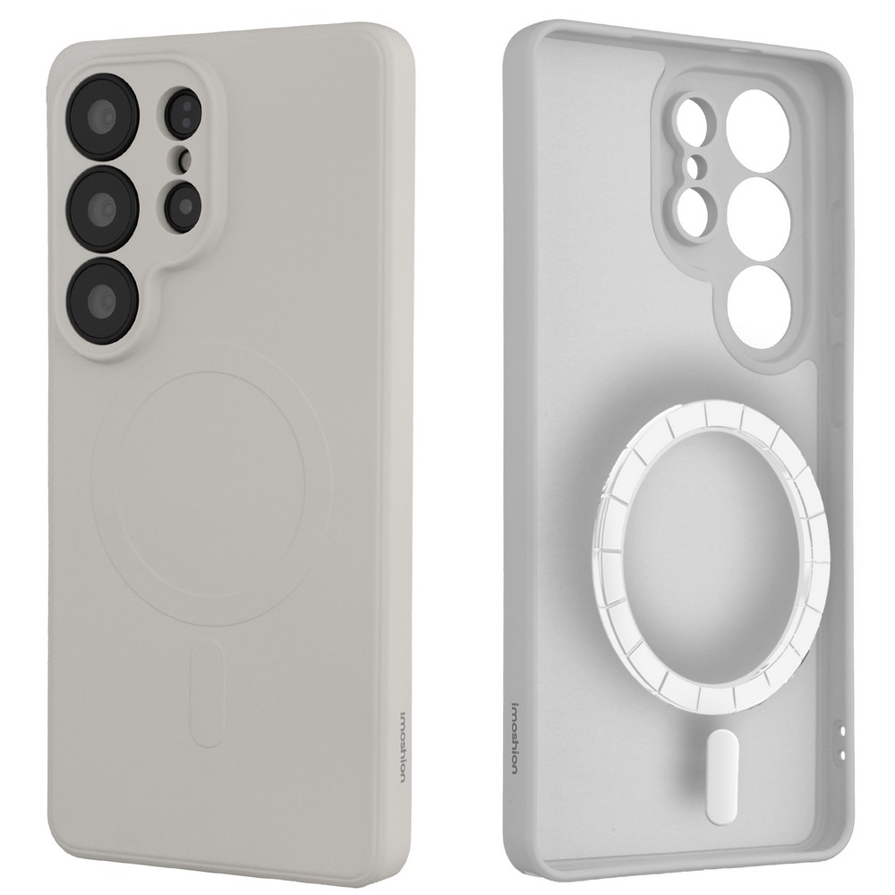 Coque de téléphone gris clair vue de face et de dos, avec découpes caméra et anneau magnétique.