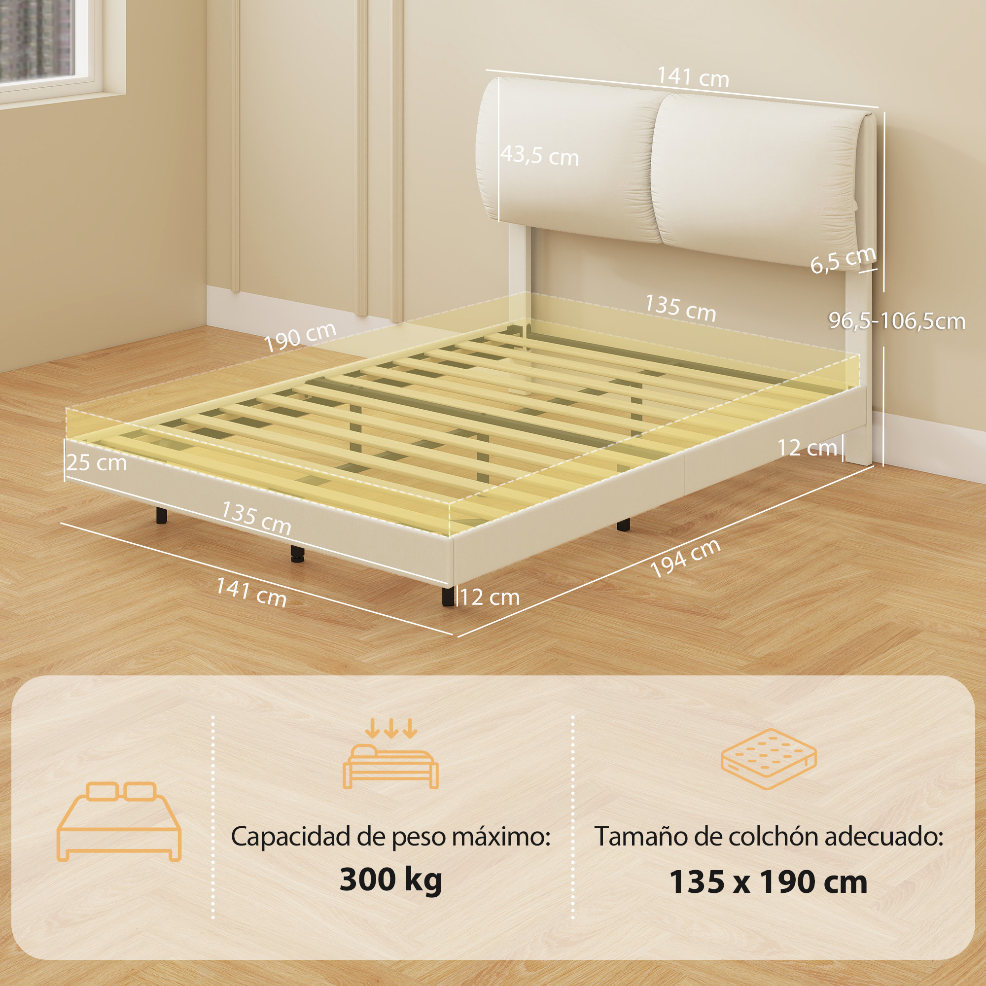 Se muestra un somier beige con base de listones y cabecero acolchado.