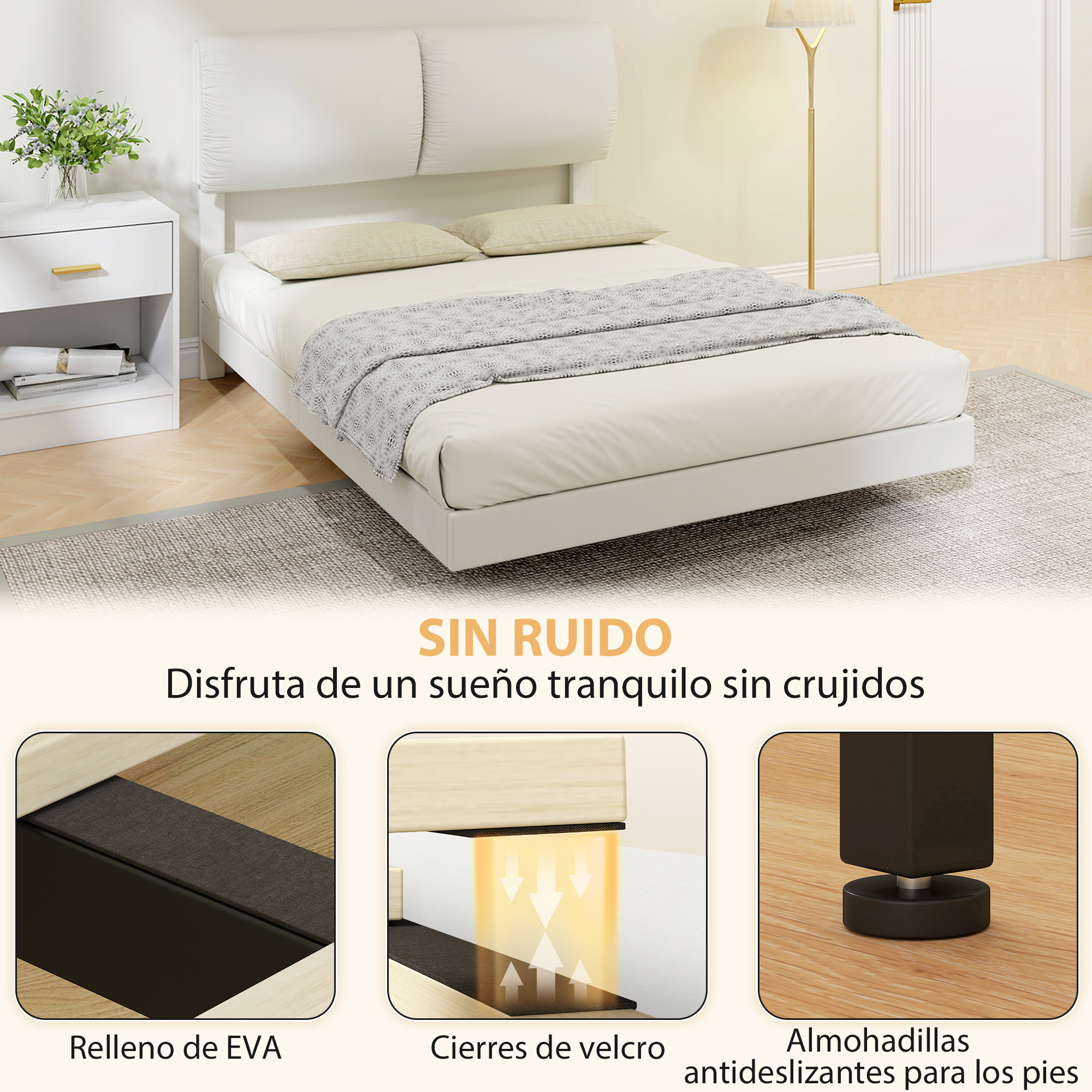 Una cama blanca con dos almohadas y una manta, junto a una mesita de noche. Detalles muestran EVA, velcro y pies.