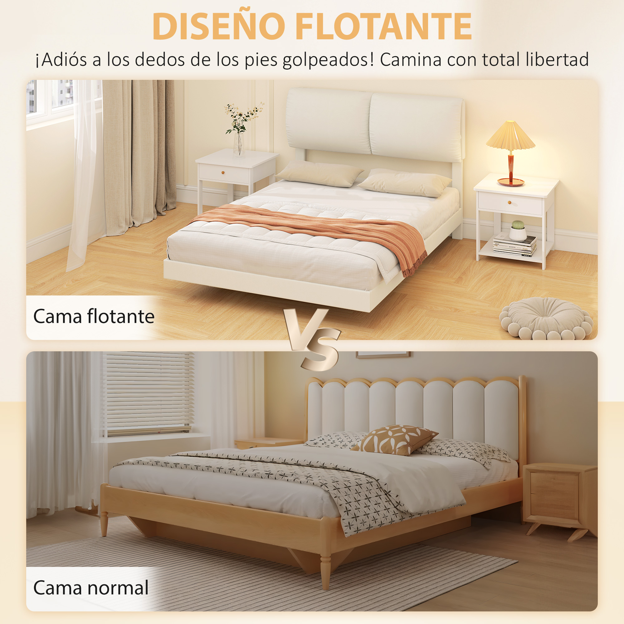 Arriba: Cama flotante con ropa de cama blanca y manta naranja. Abajo: Cama normal.