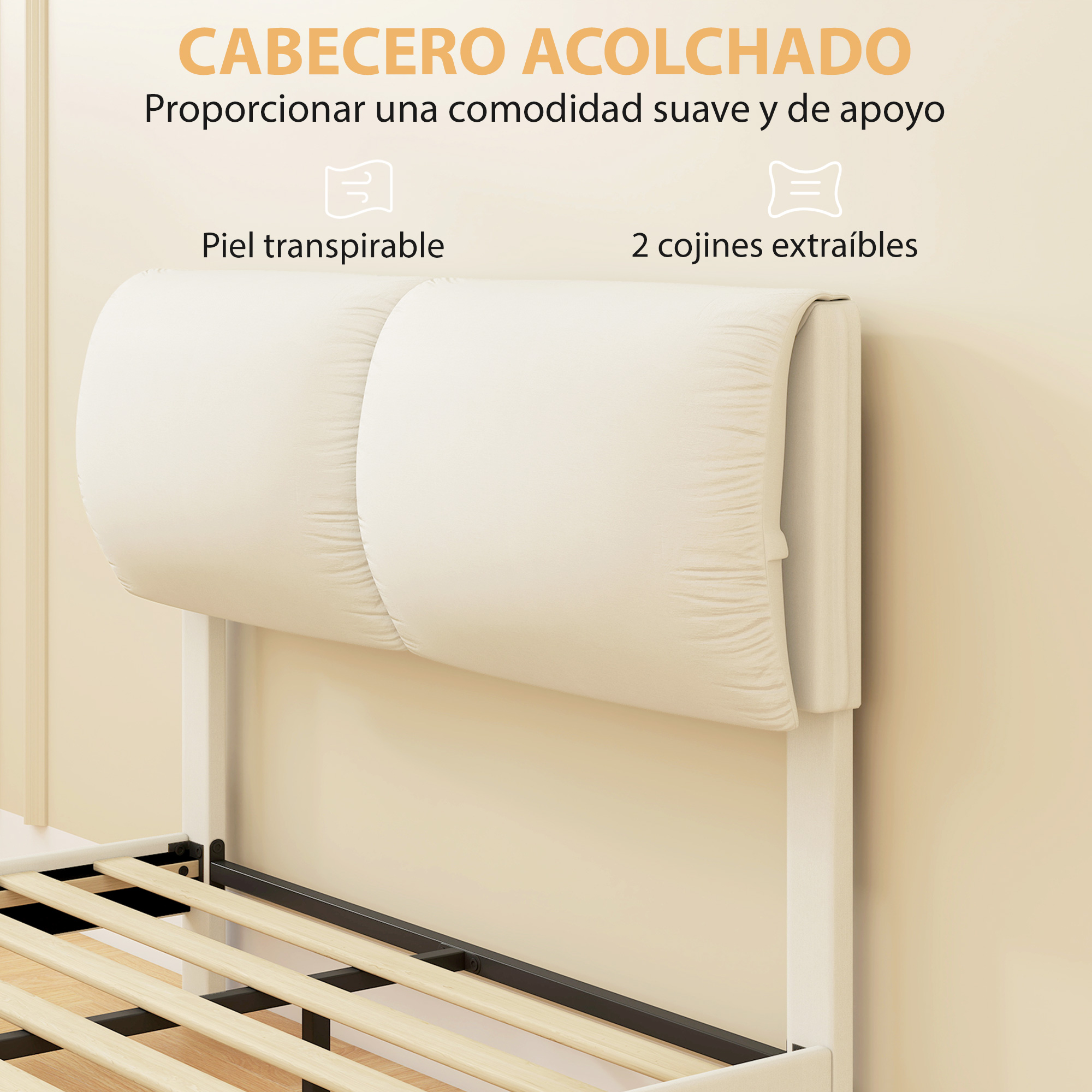 Cabecero acolchado con dos cojines extraíbles en un somier.
