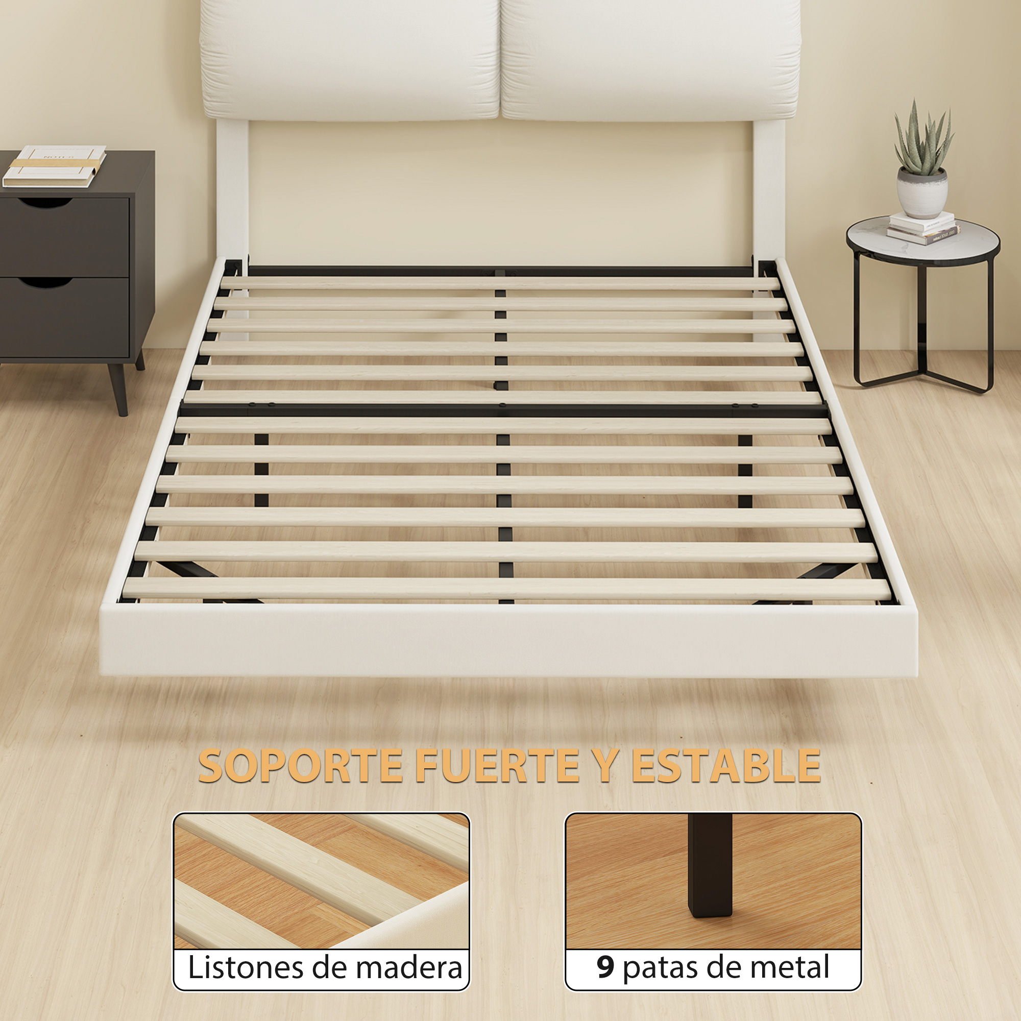 Una estructura de cama blanca con listones de madera y patas metálicas.