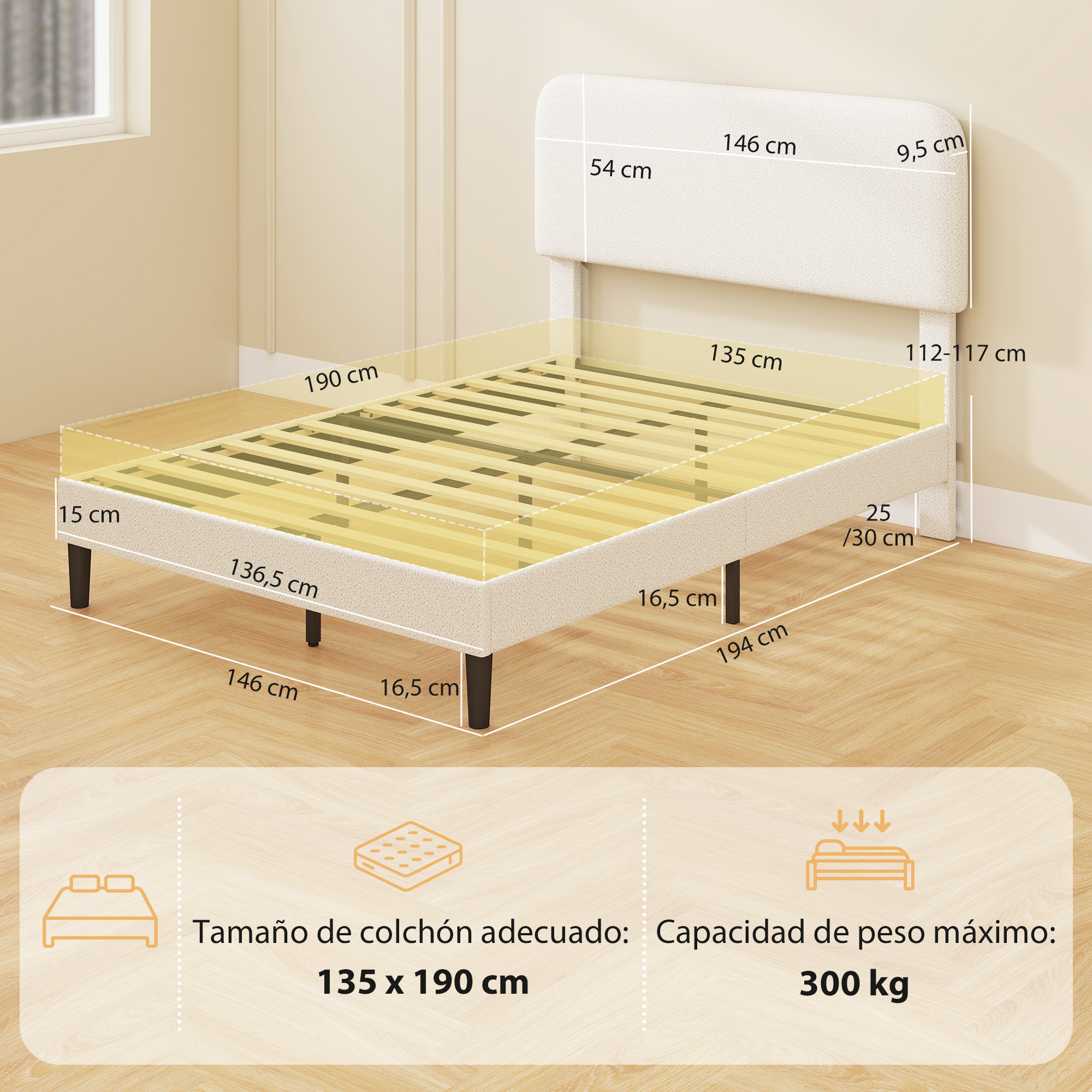 Estructura de cama beige con cabecero y base de listones. Se muestran dimensiones.