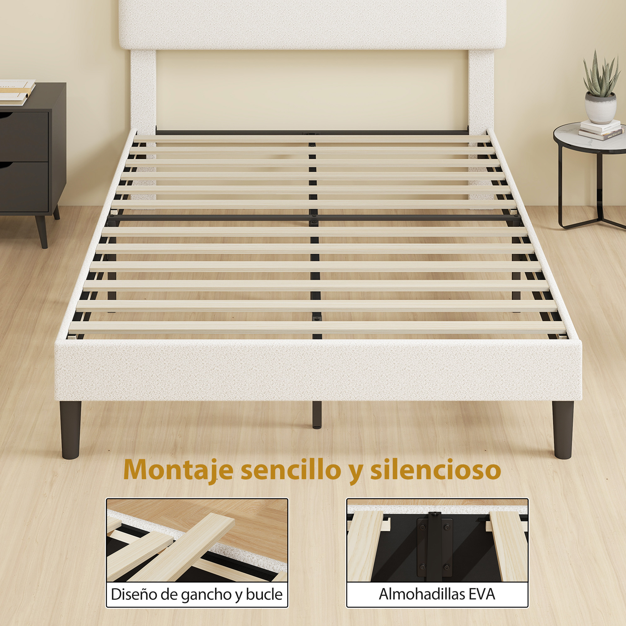 Un somier blanco con listones de madera y marco de metal negro.