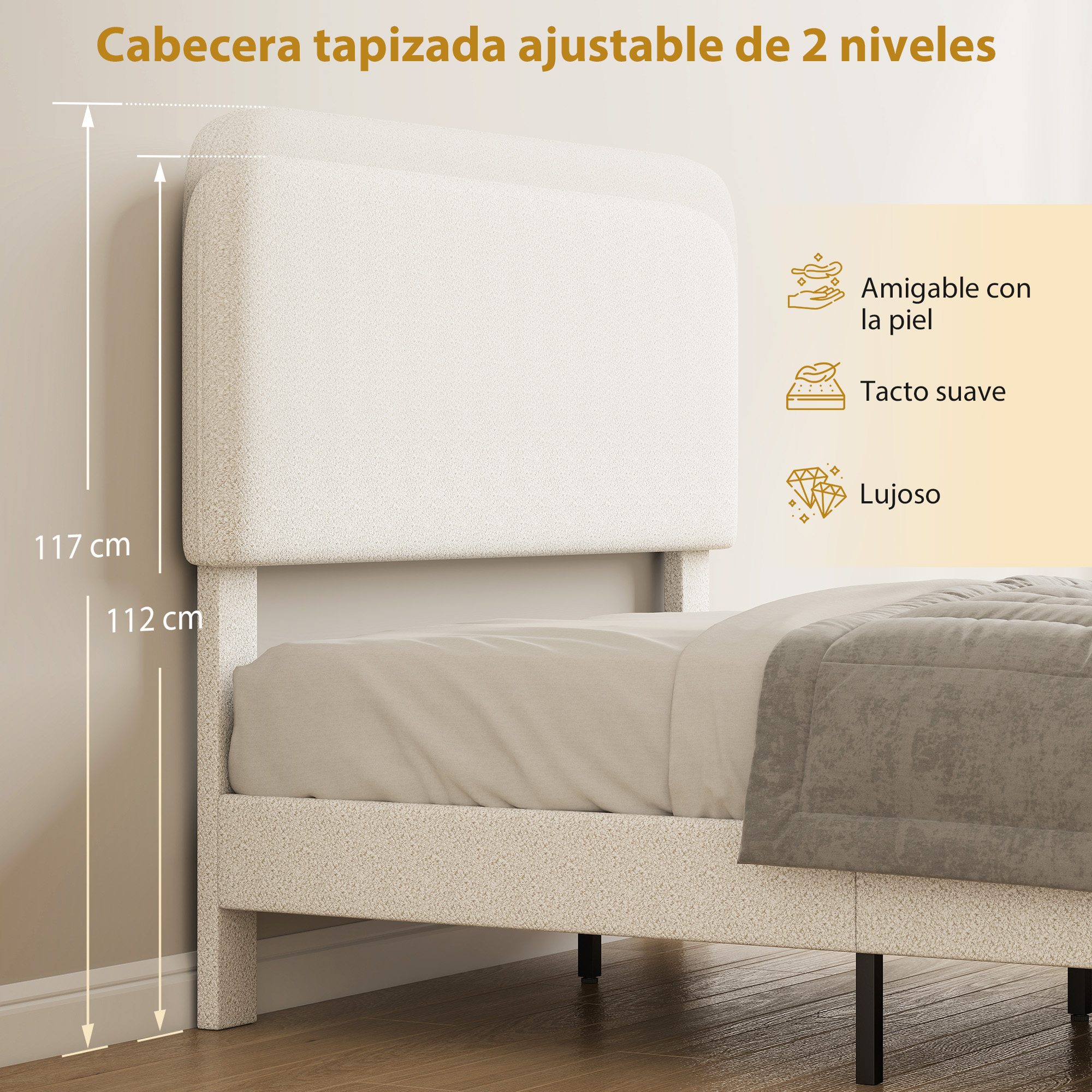 Estructura de cama tapizada beige con cabecero ajustable. Dimensiones: 117/112 cm.