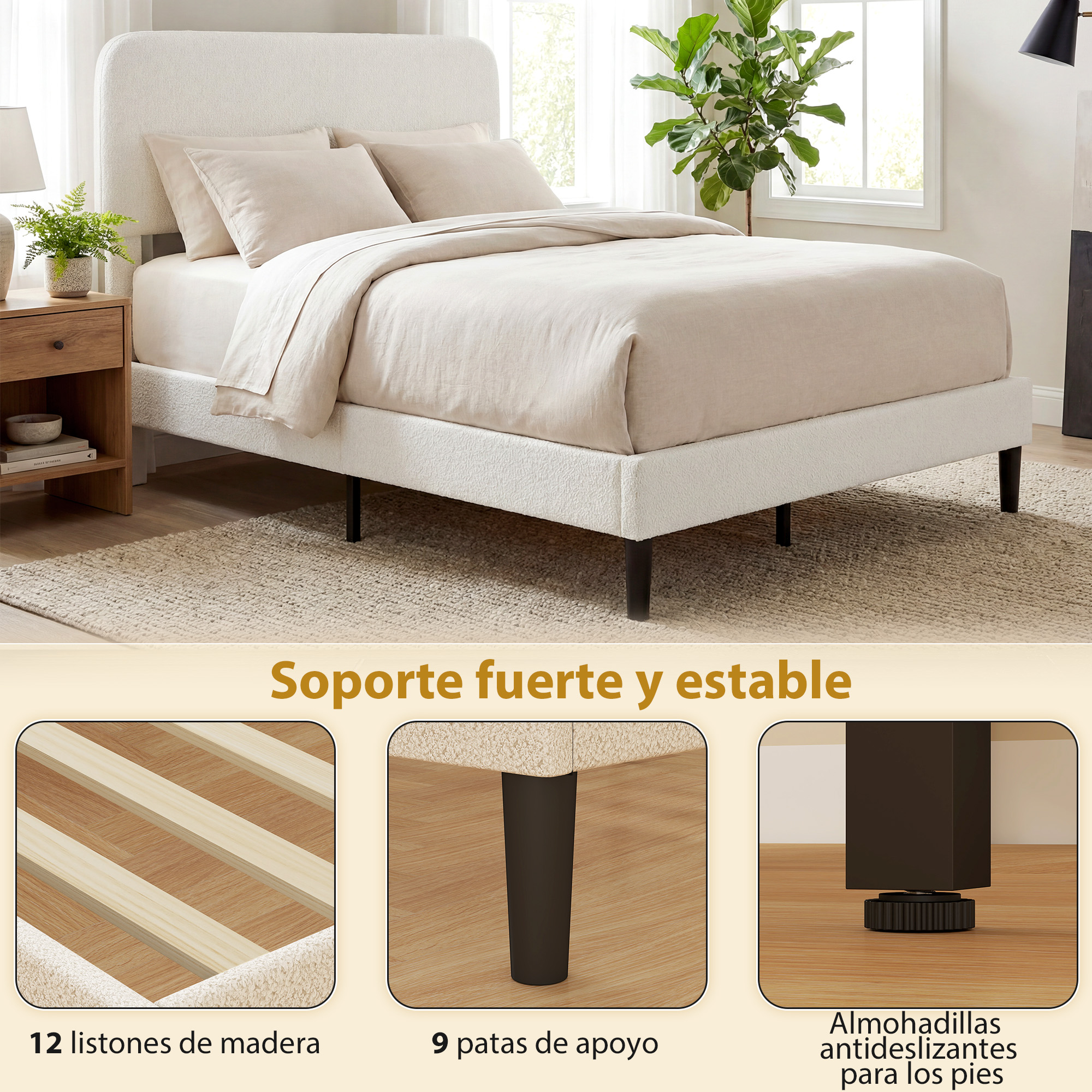 Dormitorio luminoso con cama blanca, almohadas y mantas. Abajo se muestran detalles de listones, patas y pies.