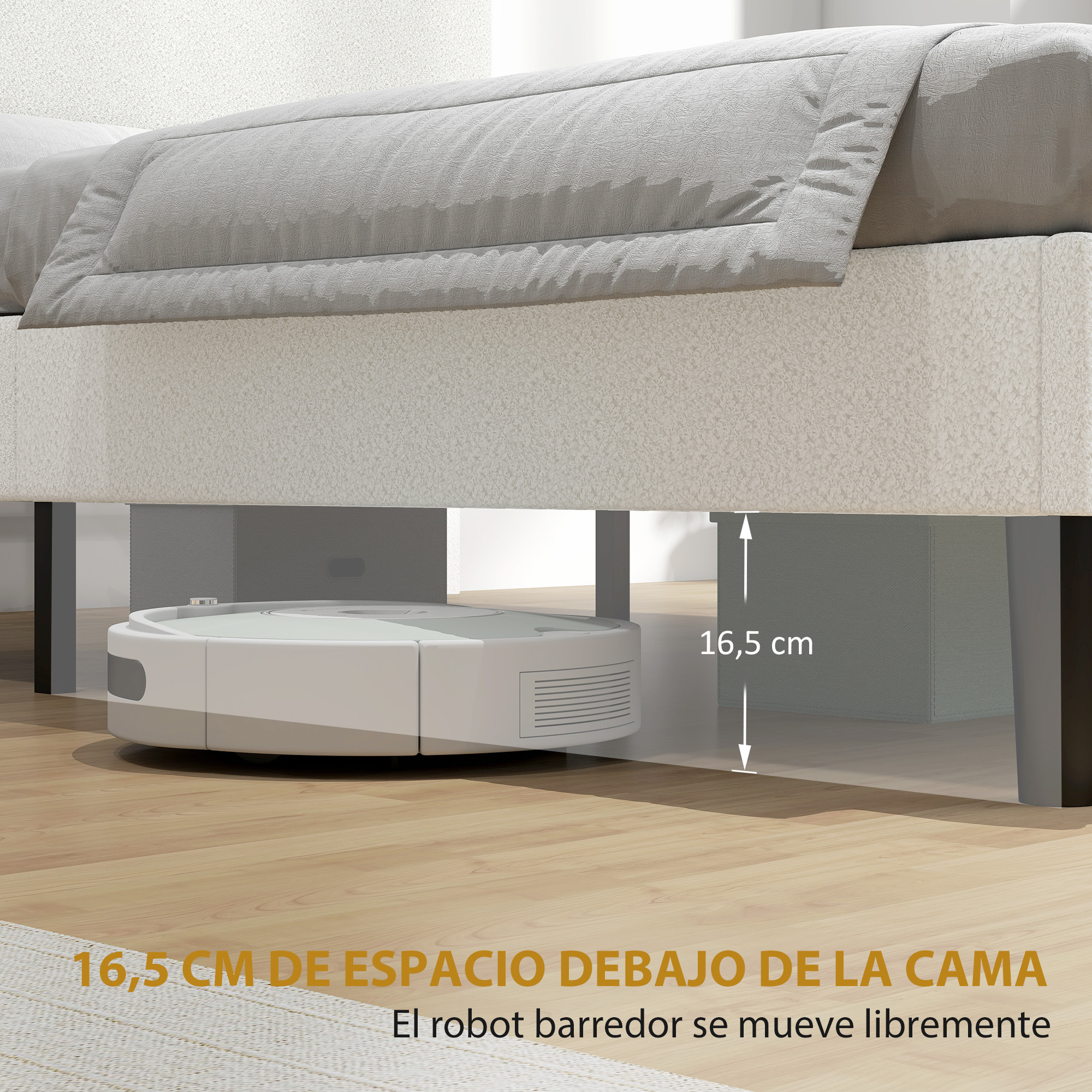 Un robot aspirador blanco se mueve libremente bajo una cama con 16.5 cm.