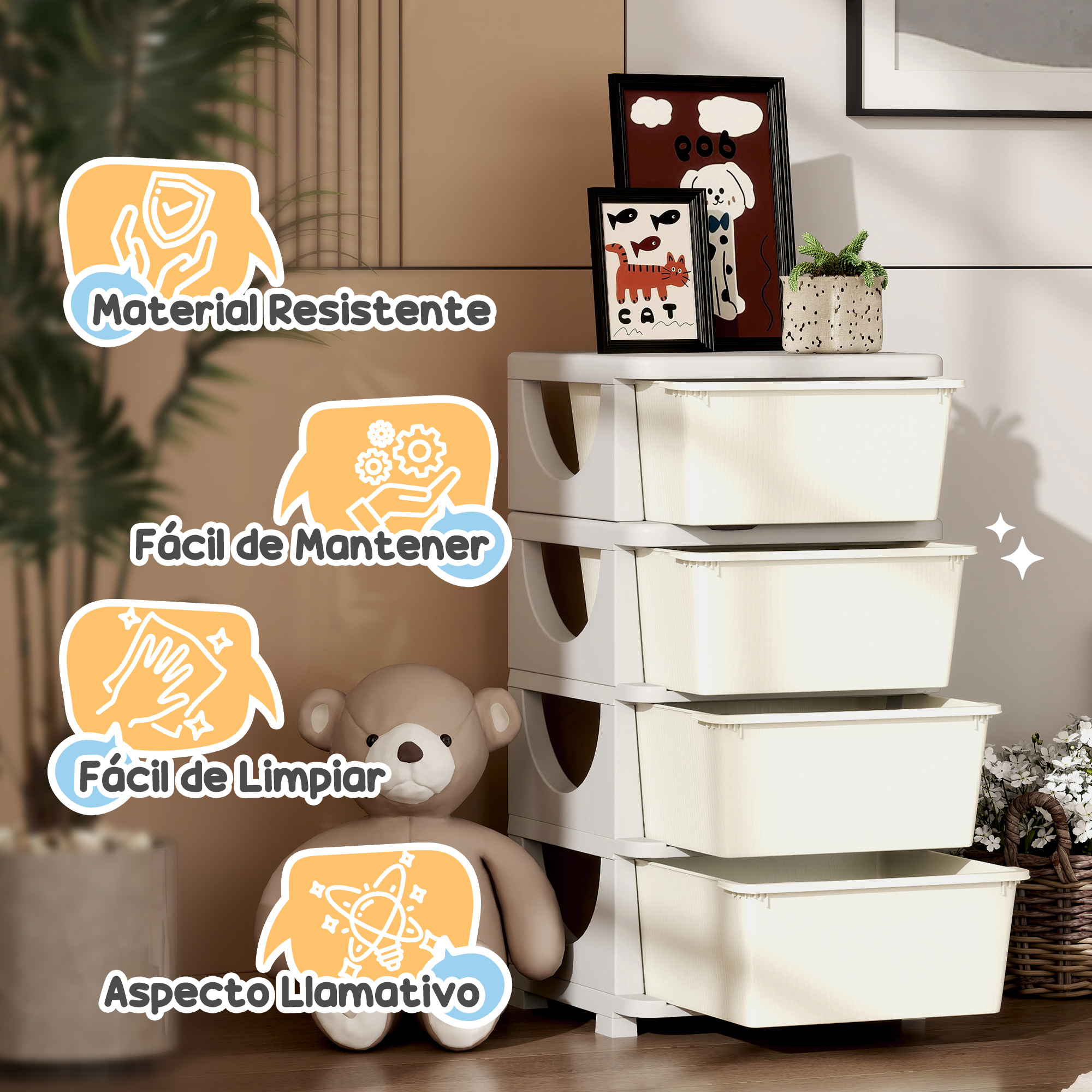 Una torre de almacenamiento beige de cuatro cajones junto a un oso de peluche.