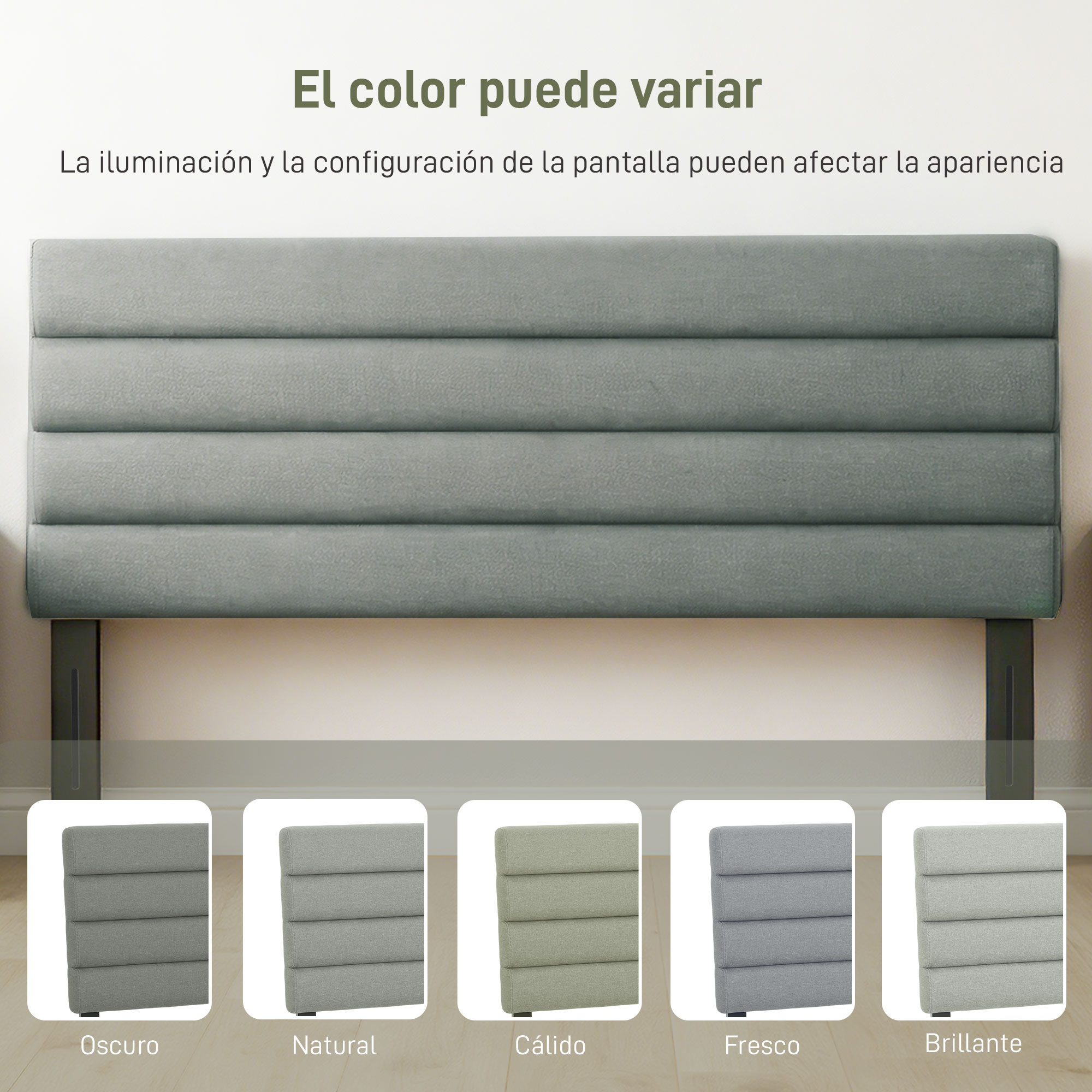 Se muestra un cabecero acolchado en varios tonos de gris.