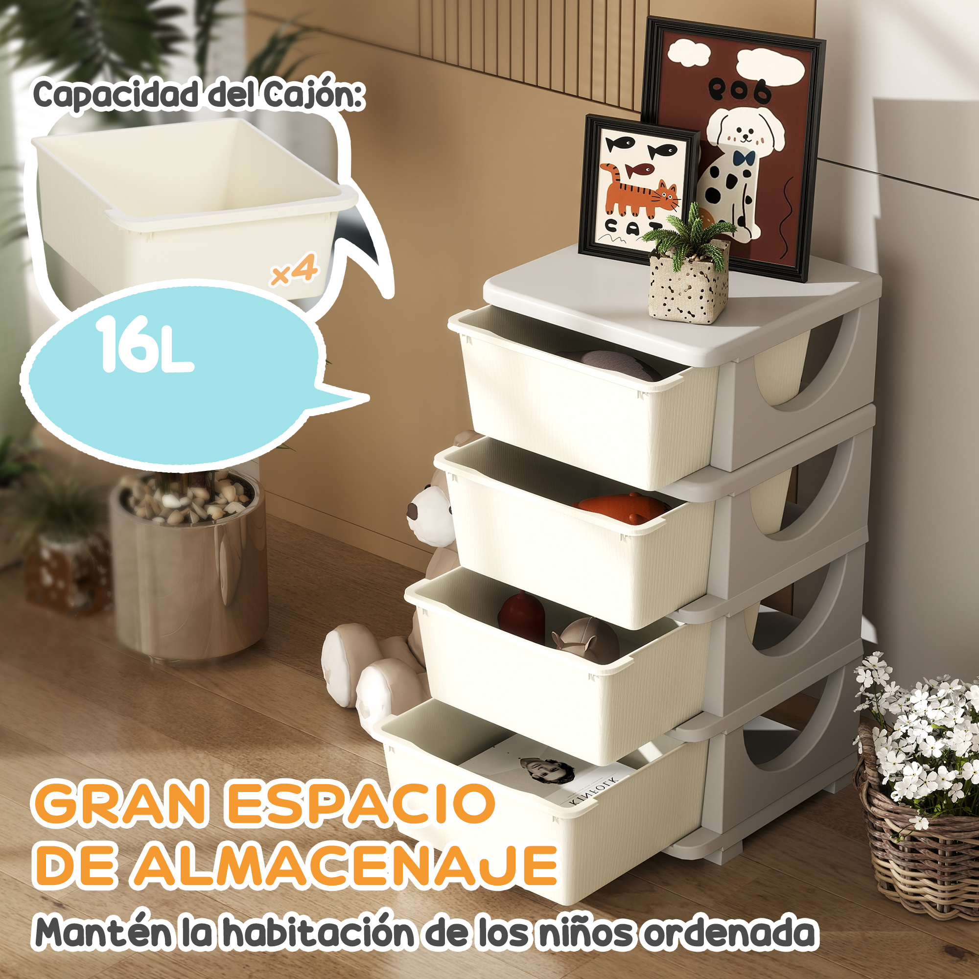 Un mueble de almacenaje blanco con cuatro cajones, decorado con cuadros de perros y gatos.