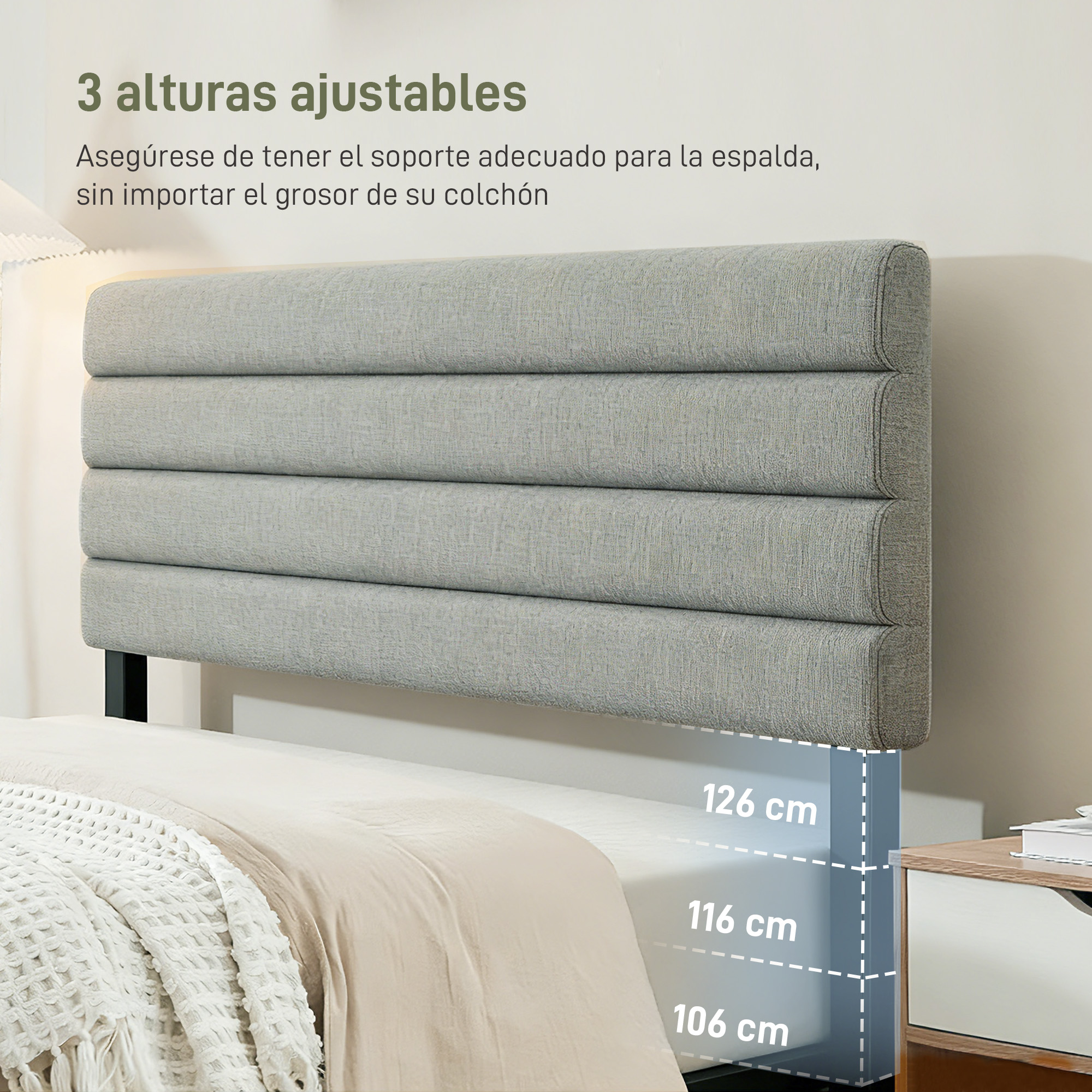 Respaldo de cama gris tapizado con 3 alturas ajustables (106-126 cm).