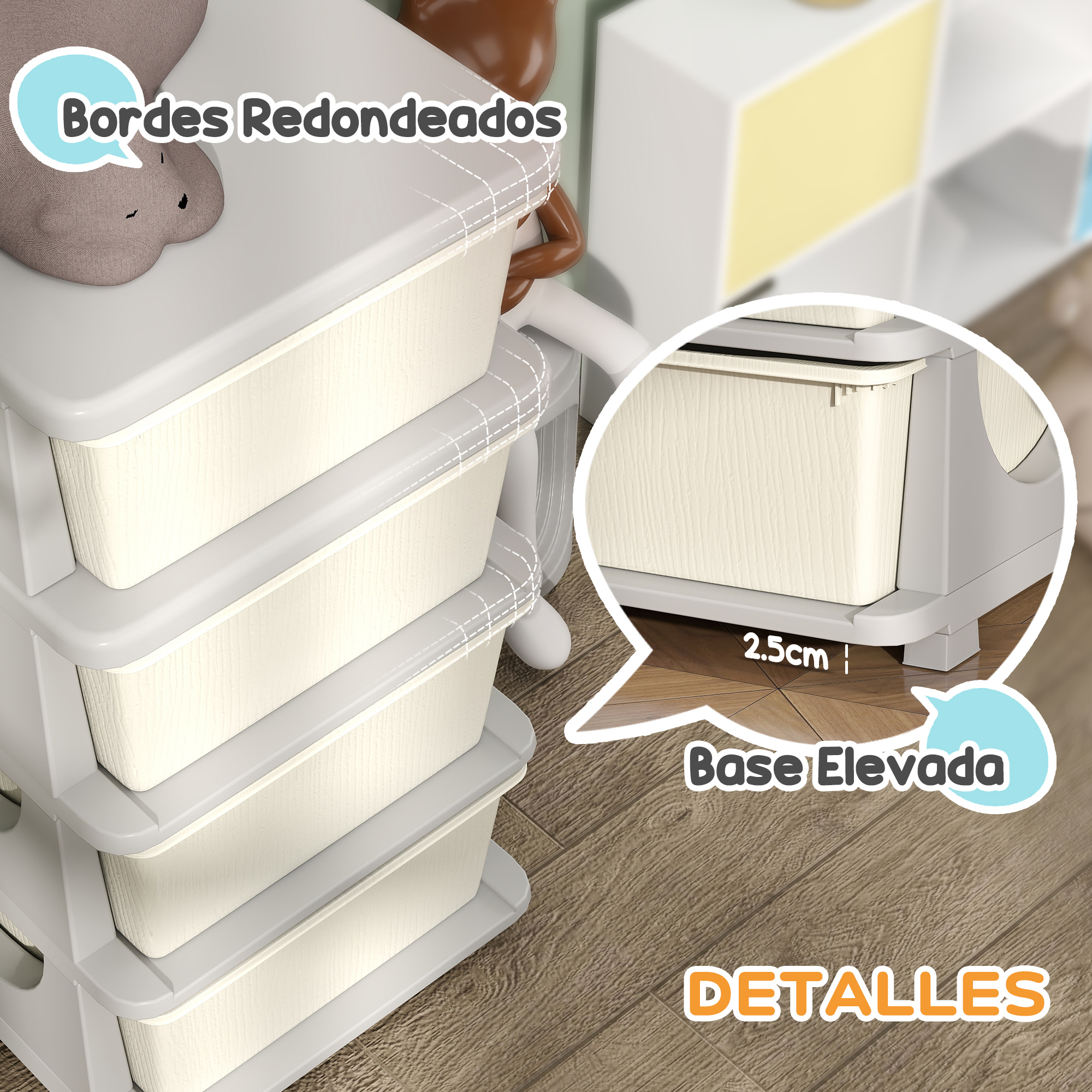 Un mueble de almacenamiento blanco con cajones, bordes redondeados y base elevada.