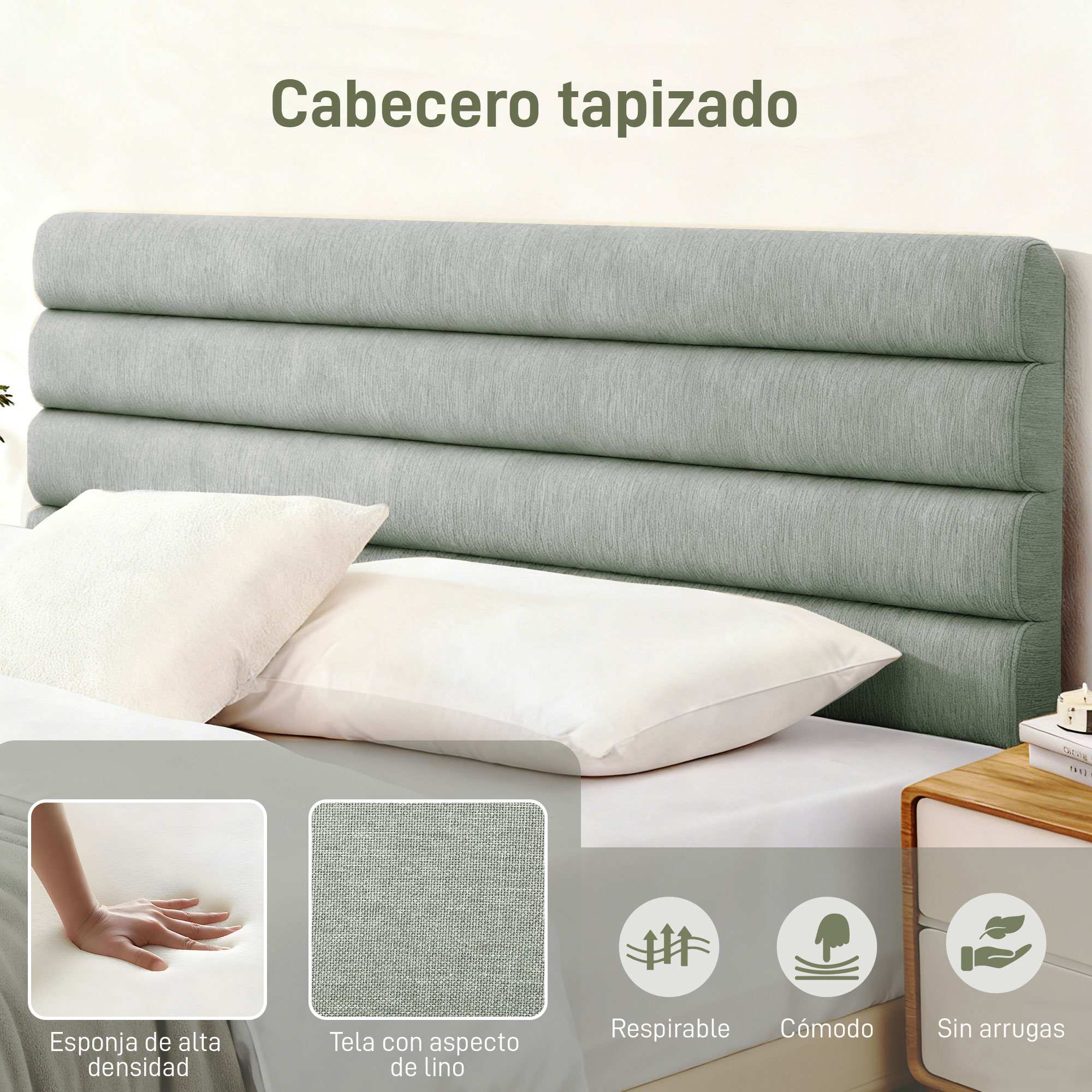 Un cabecero tapizado con cojines, que ofrece confort y transpirabilidad.