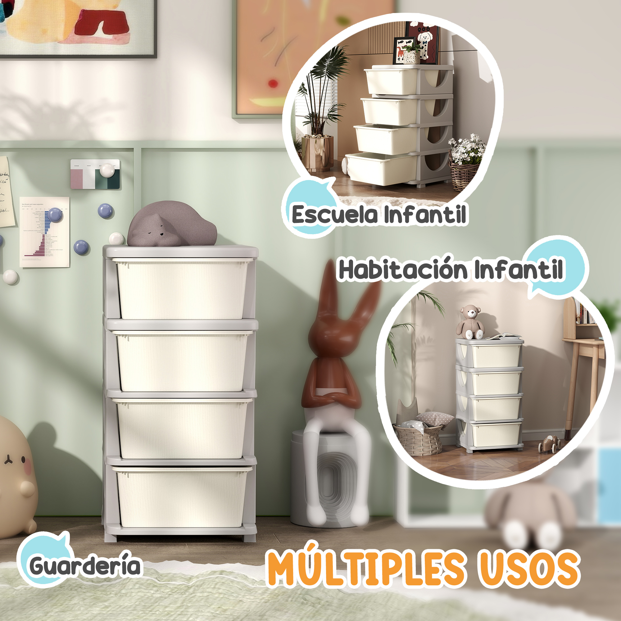 Un mueble gris con cajones abiertos, junto a una figura de conejo. Cuadros y plantas al fondo.