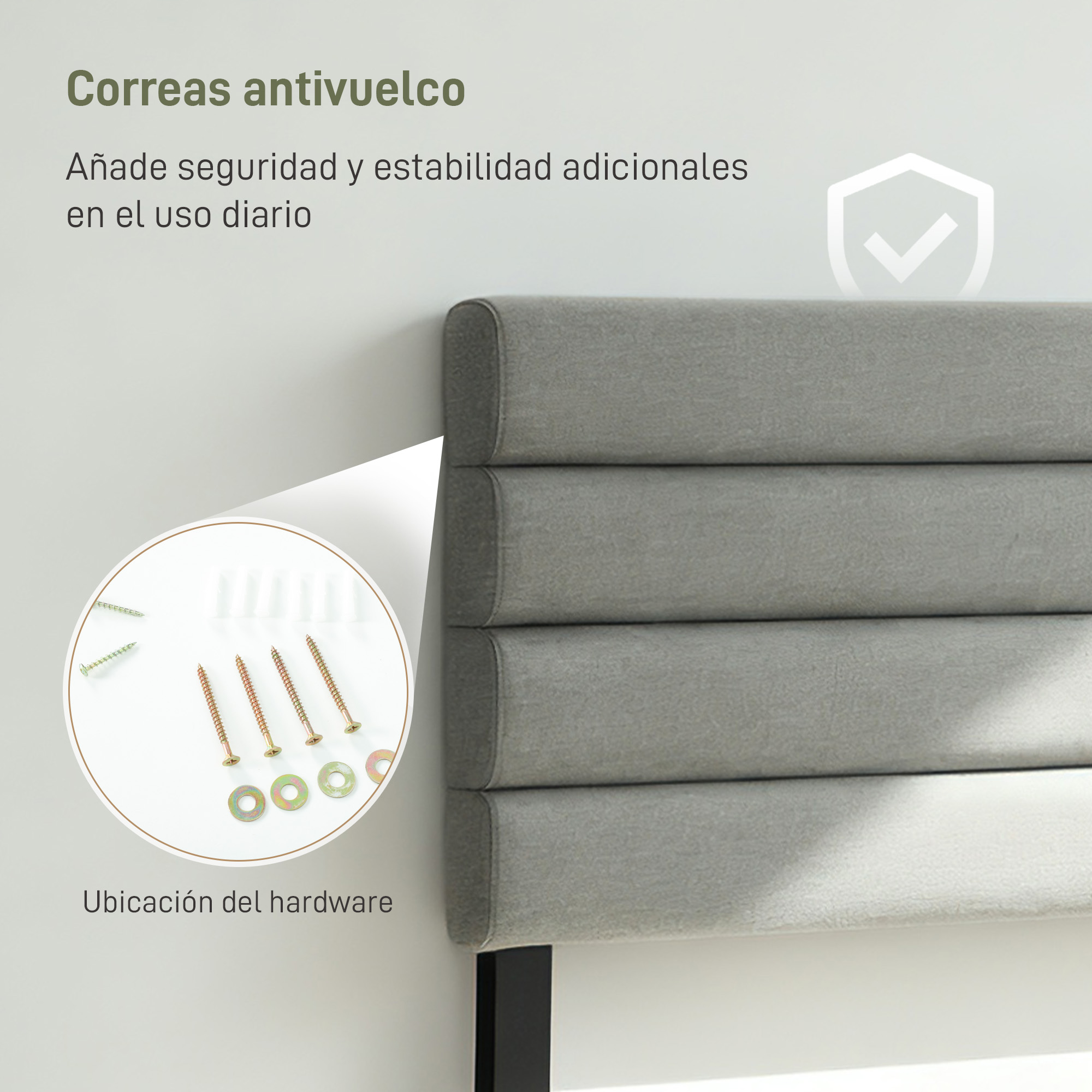Cabecero gris con herrajes y texto. Un icono de escudo.