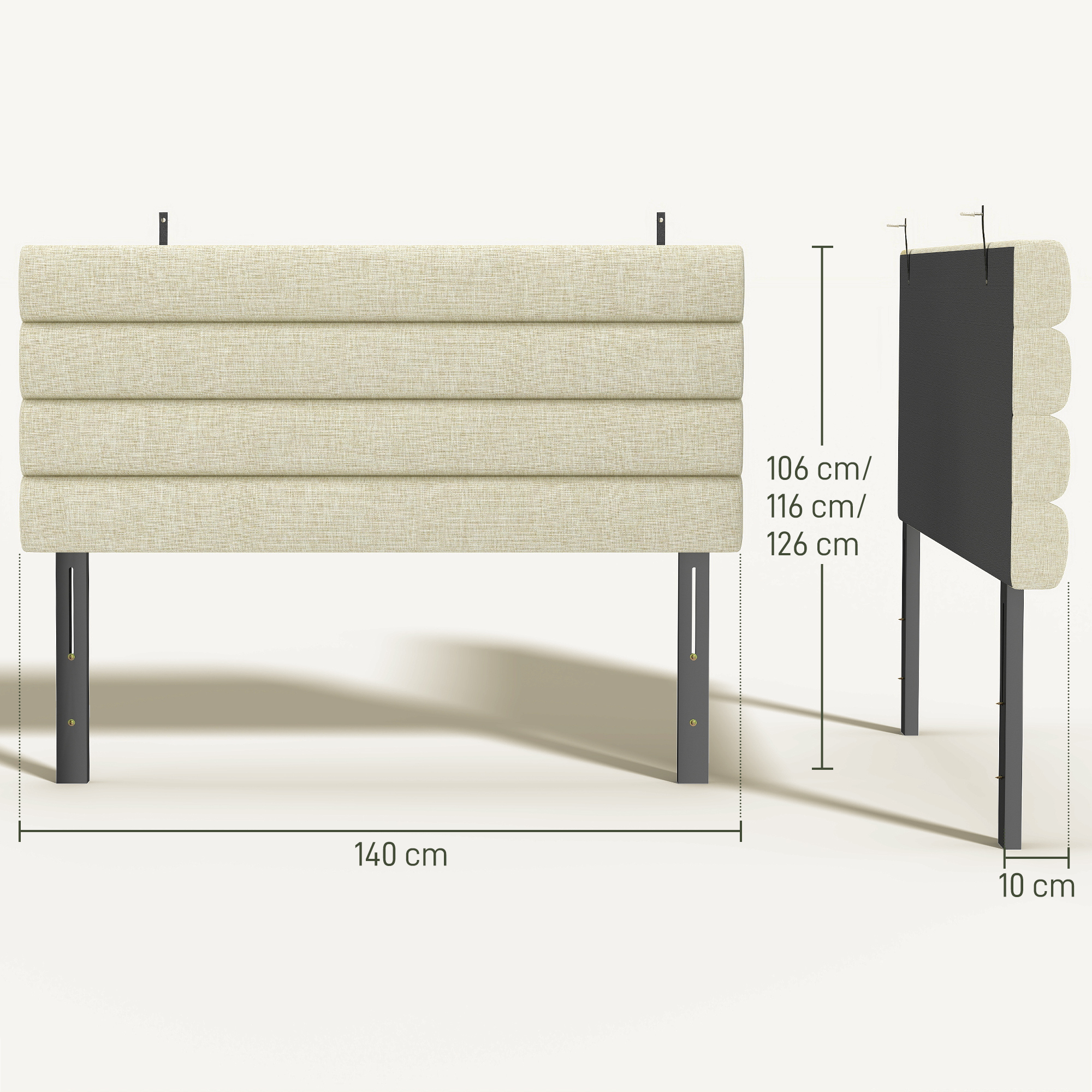 Cabecero tapizado beige con canales horizontales y patas de metal grises.