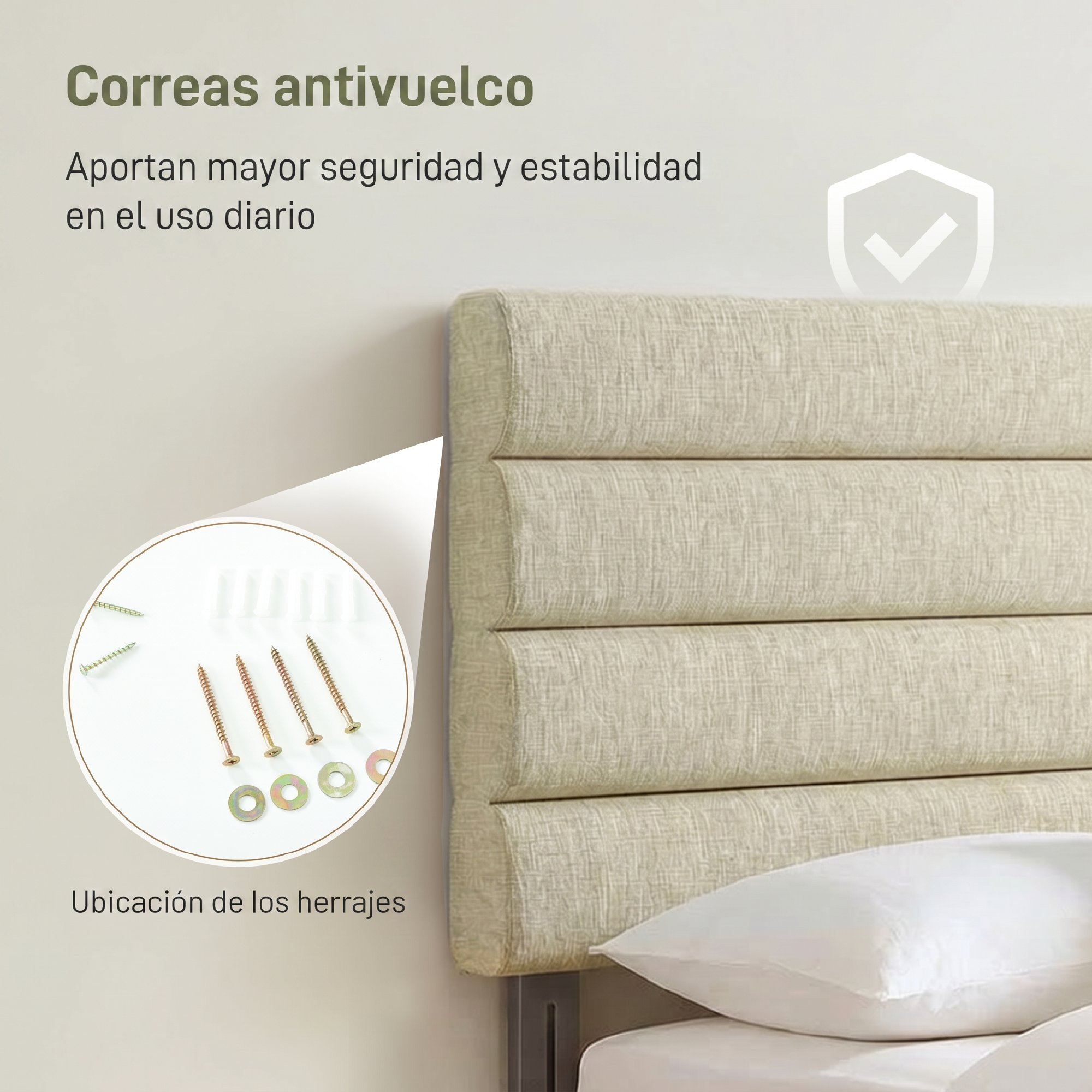Respaldo de cama beige acolchado con tornillos y tacos.