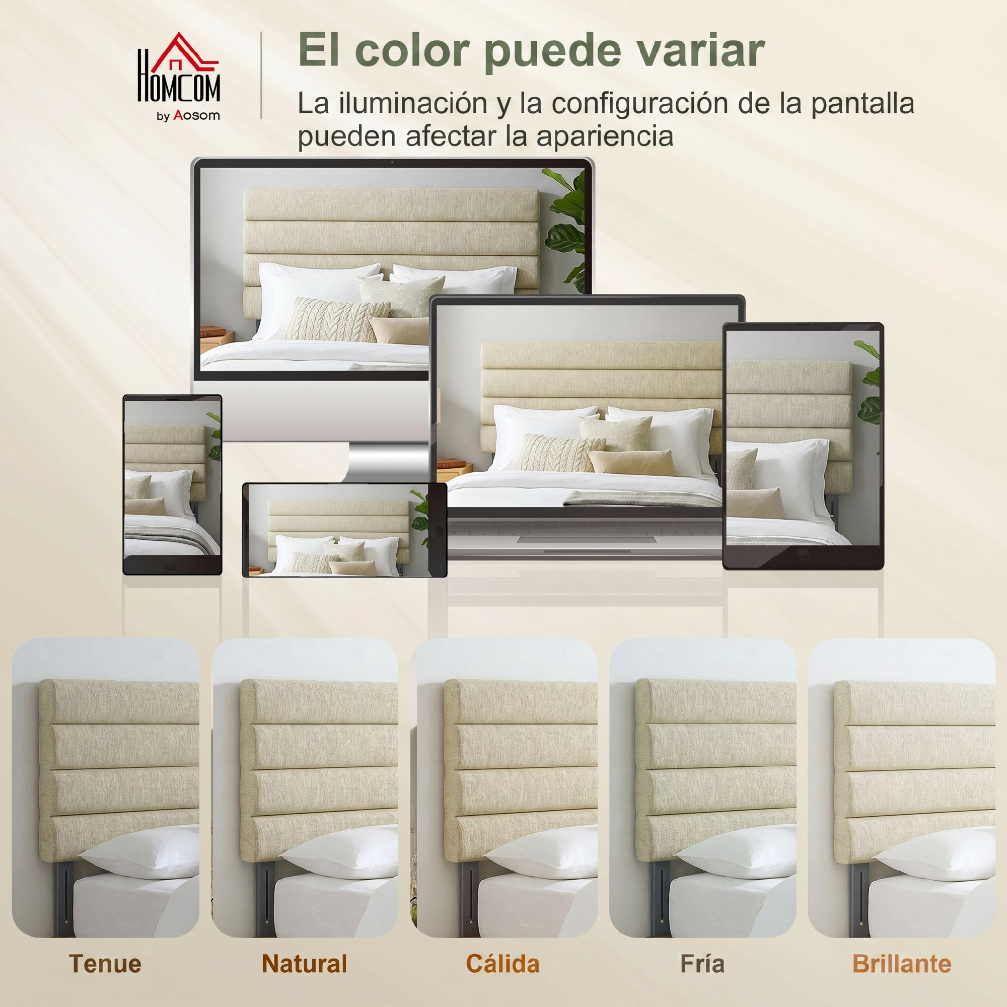 Múltiples imágenes de un cabecero beige claro con almohadas blancas en una cama, mostrando diferentes colores de luz.
