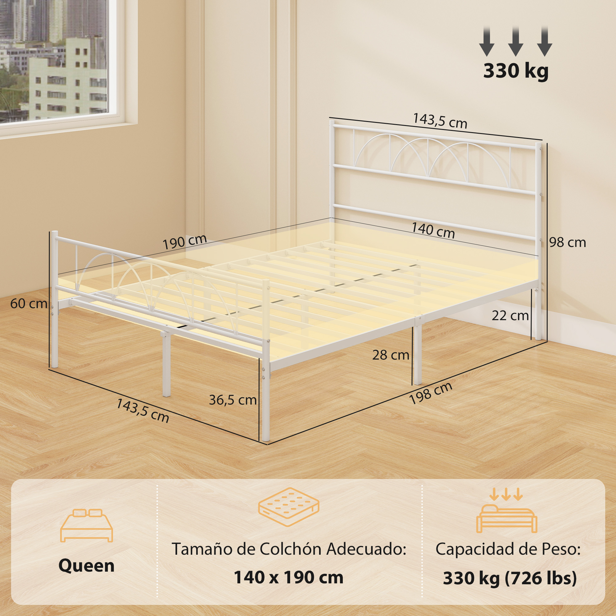 Estructura de cama de metal blanca con dimensiones y capacidad de peso. Para colchón 140x190 cm.